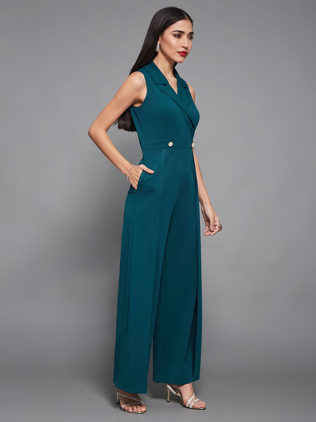 Women's Teal Notched Collar Sleeveless Solid Wrap Regular-Length Jumpsuit