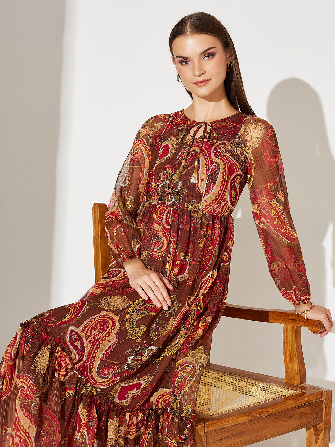 Women's Multicolored-Base-Brown Relaxed Fit Maxi Lurex Chiffon Dress