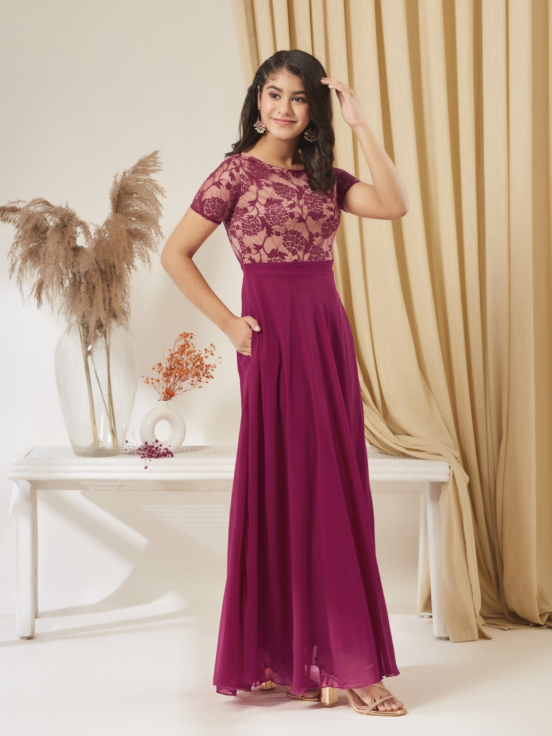 Dark Pink Round Neck Half Sleeve Self-Designed Fit & Flare Georgette Maxi Dress for Girls/Teenagers