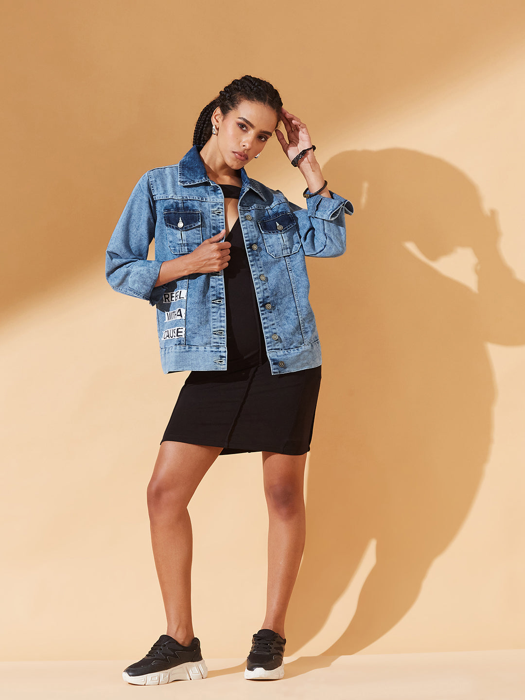 Light-Blue Polo Neck Solid Full Sleeve Bomber Jacket for Women
