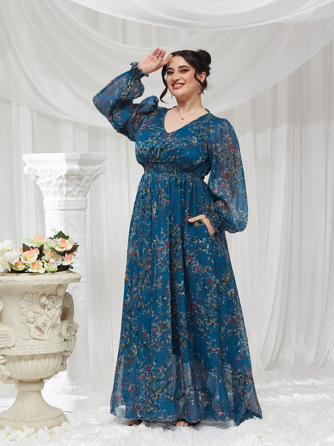 Teal V-Neck Smocked Bishop Sleeve Floral Gathered Chiffon Maxi Dress for Women
