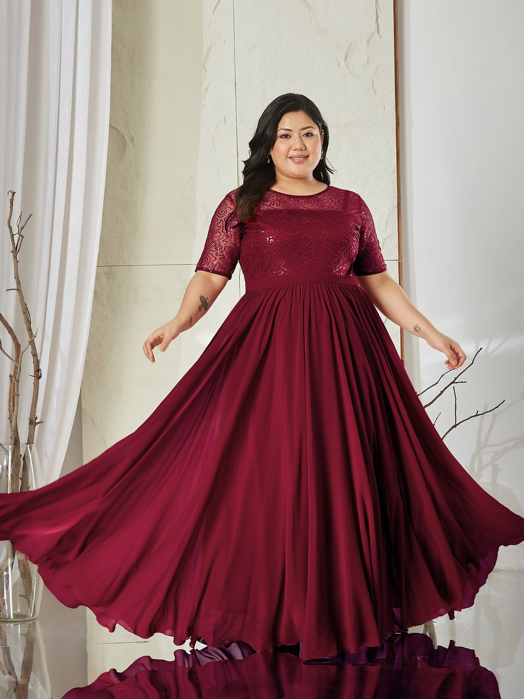Maaroon Relaxed Fit Maxi Georgette & Sequins Dress for Women
