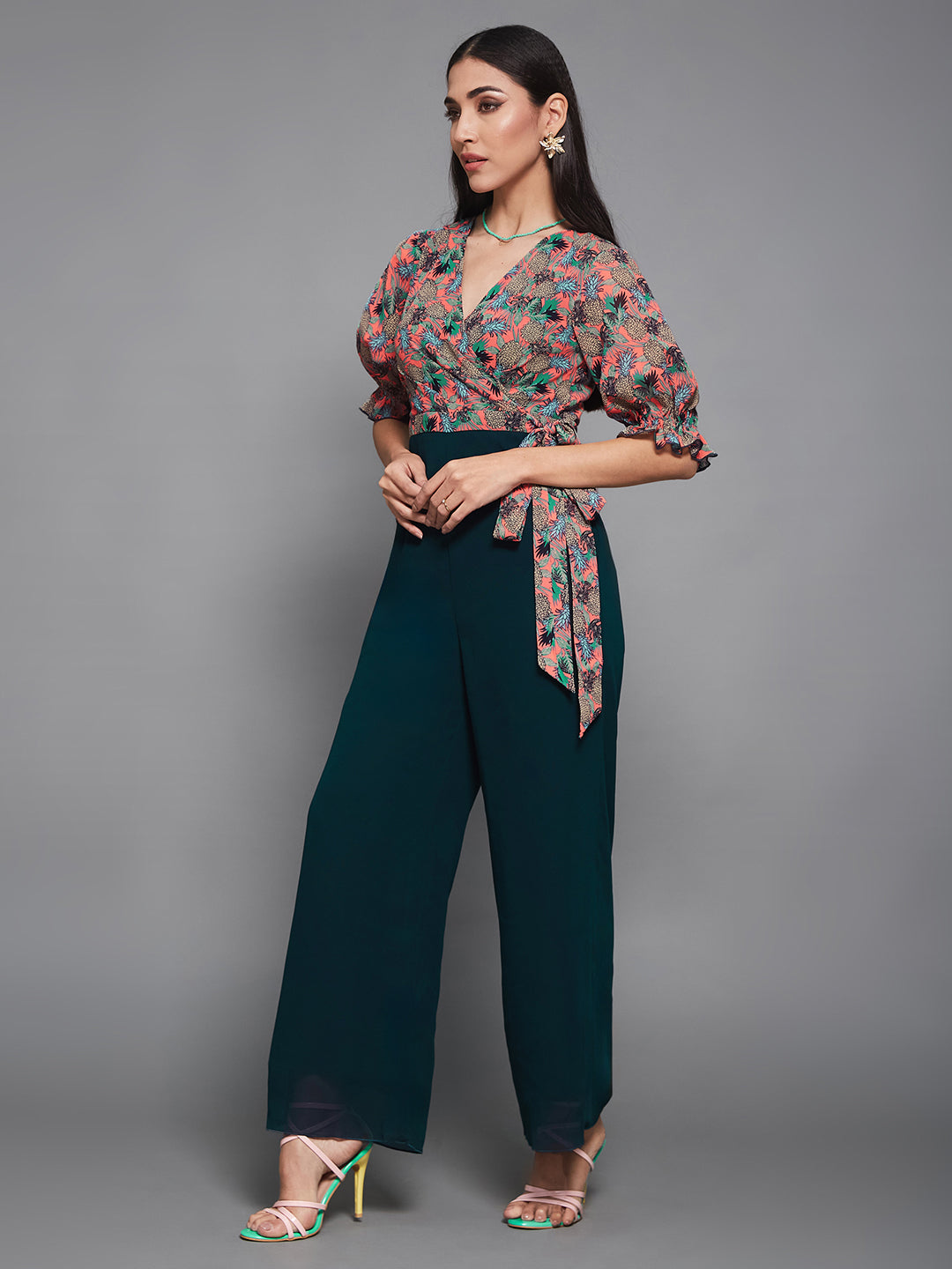 Women's Multicolored V-Neck Half Sleeve Tropical Wrap-Styled Regular-Length Georgette Jumpsuit