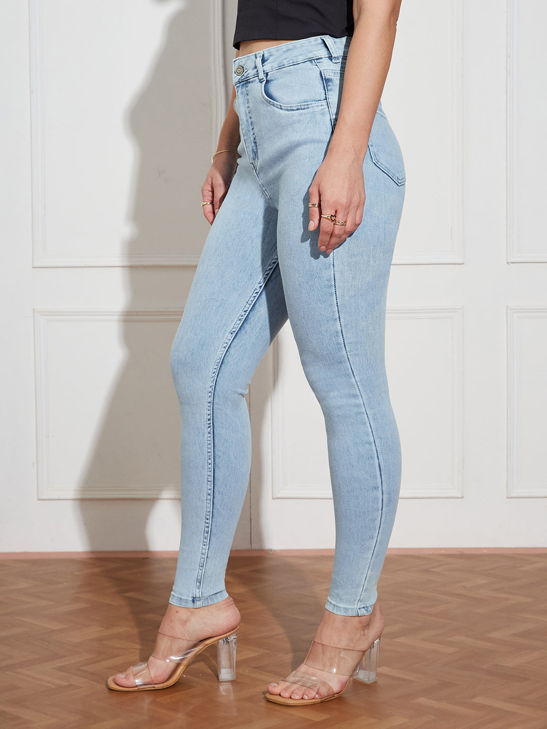 Women's Blue Skinny-Fit High-Rise Clean-Look Regular-Length Stretchable Denim Jeans