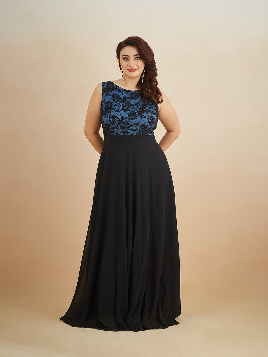 Blue & Black Round Neck Sleeveless Georgette Floral Lace Fit & Flare Maxi Dress for Women