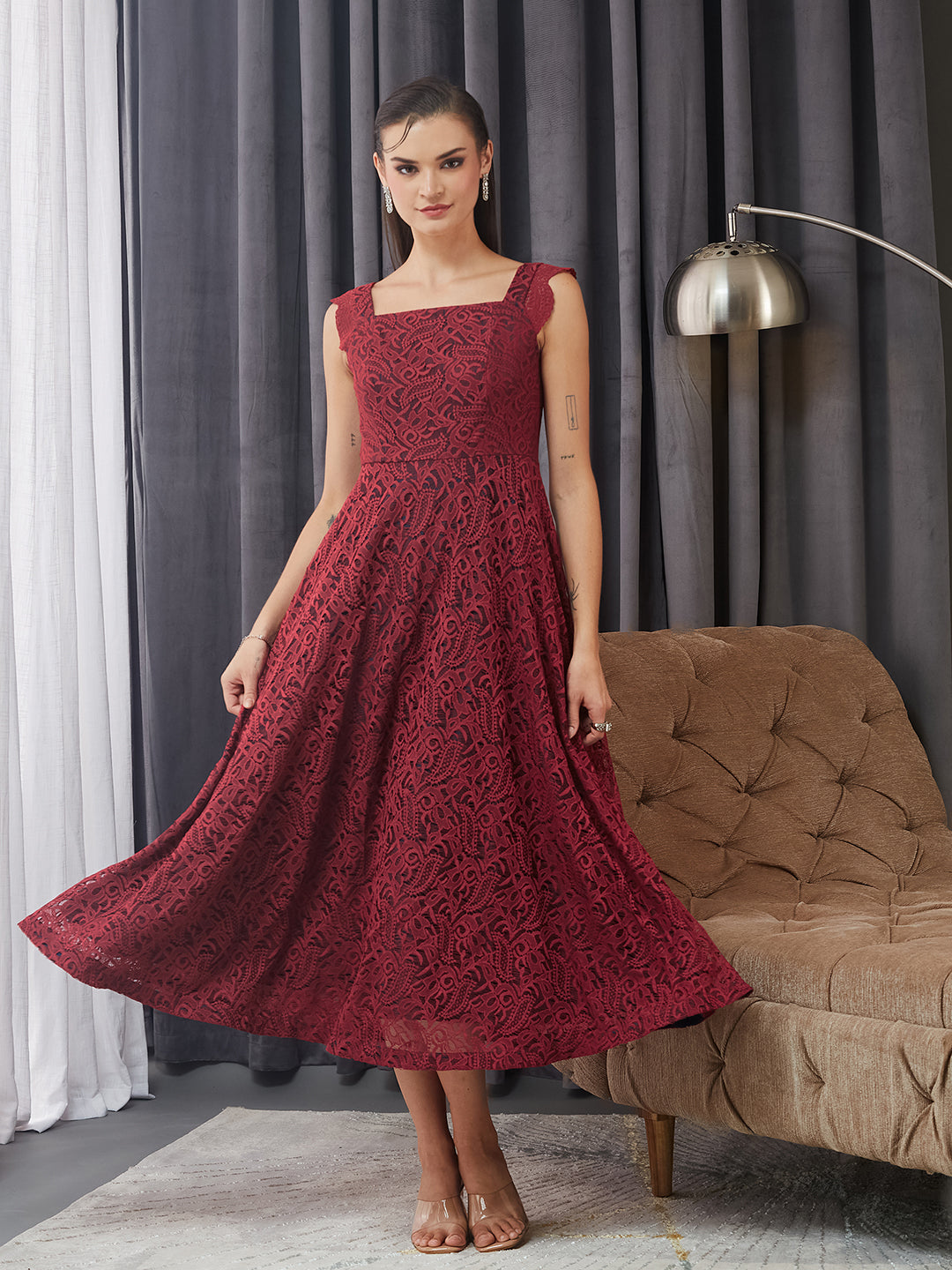 Maroon Square Neck Sleeveless Self-Designed Ruffled Midi Lace Dress for Women