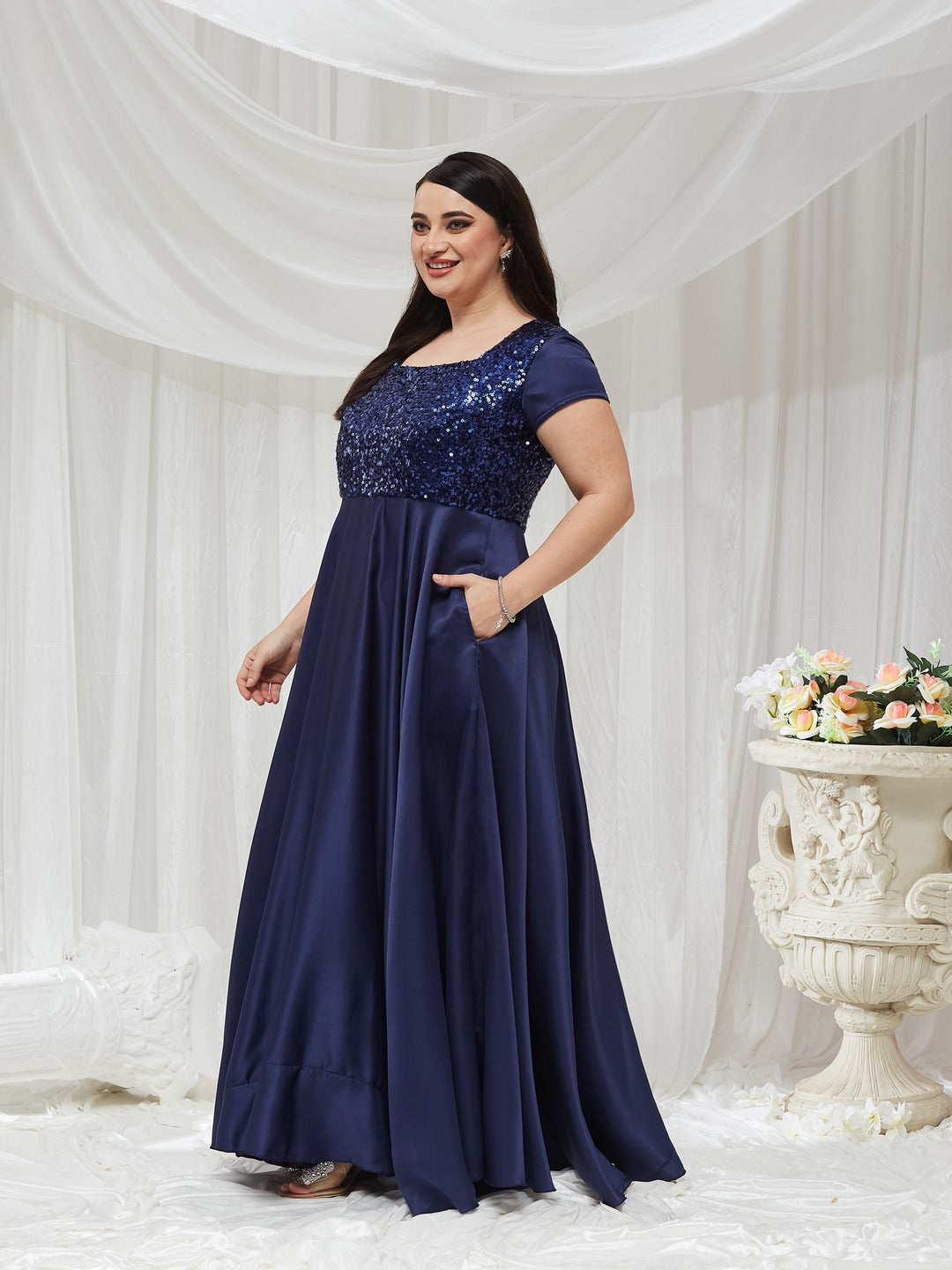 Women's Navy Blue Square Neck Short Sleeve Embellished Polyester Fit and Flare Maxi Dress