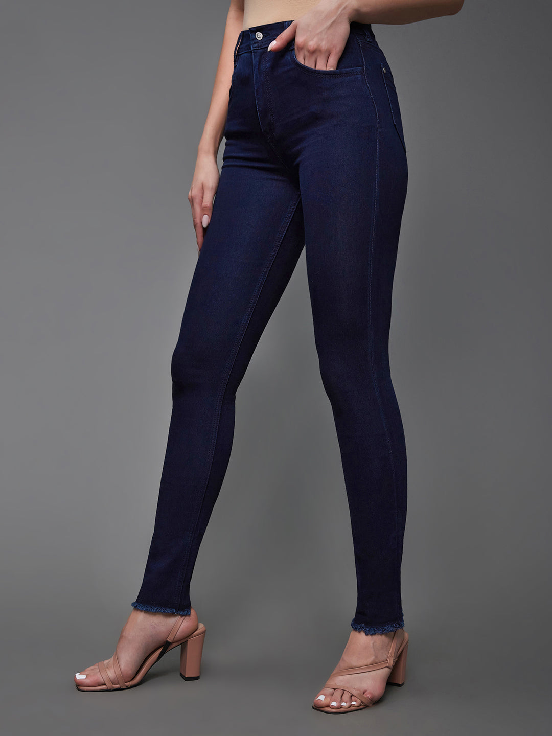 Women's Navy Blue Mid Rise Solid Stretchable Denim Jeans