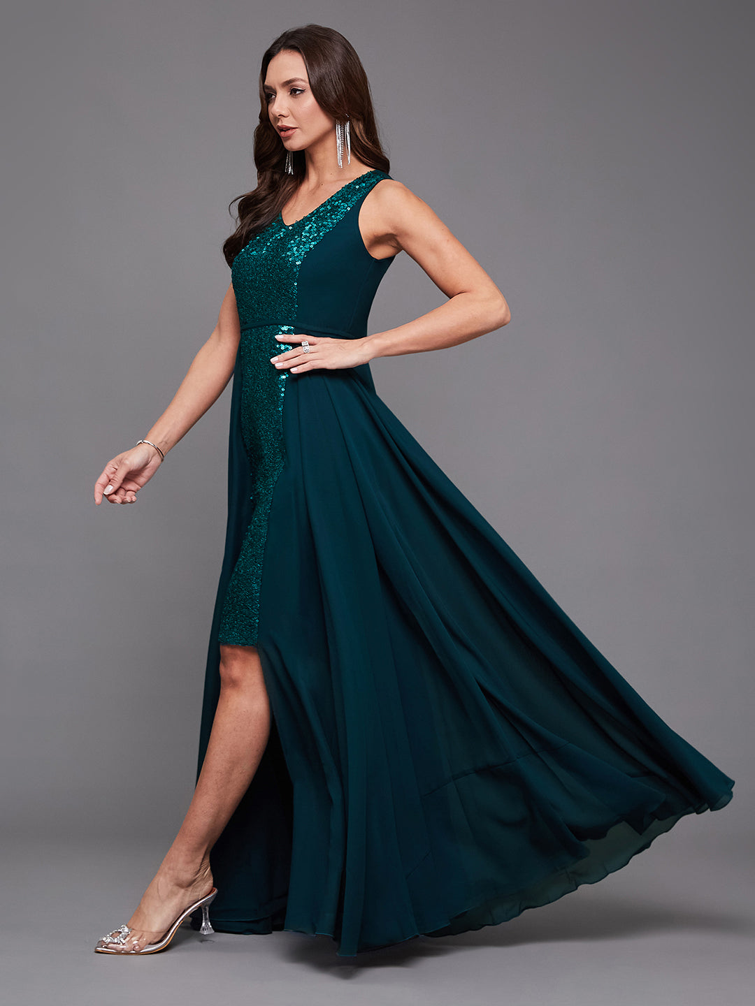 Women's Teal V-Neck Sleeveless Sequined Layered Georgette Party Maxi Dress