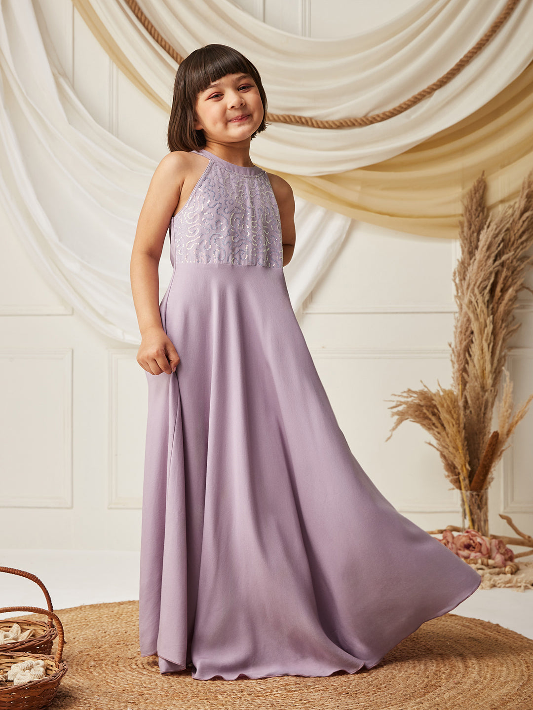 Lavender Halter-Neck Sleeveless Embellished Fit & Flare Viscose-Rayon Maxi Dress