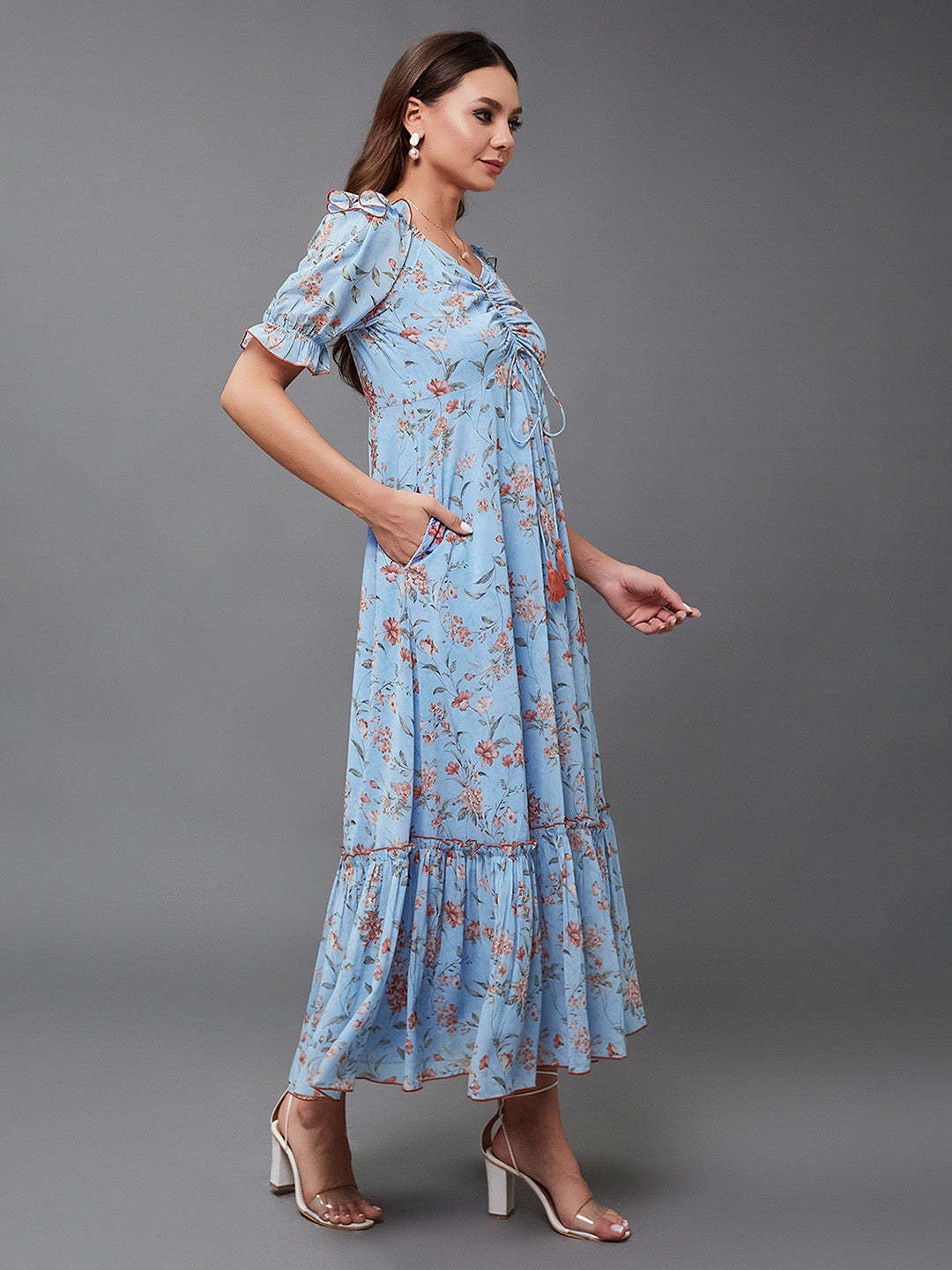 Women's Multicolored-Base-Powder Blue V-Neck Puff Sleeve Floral Ruching Ankle-Length Dress