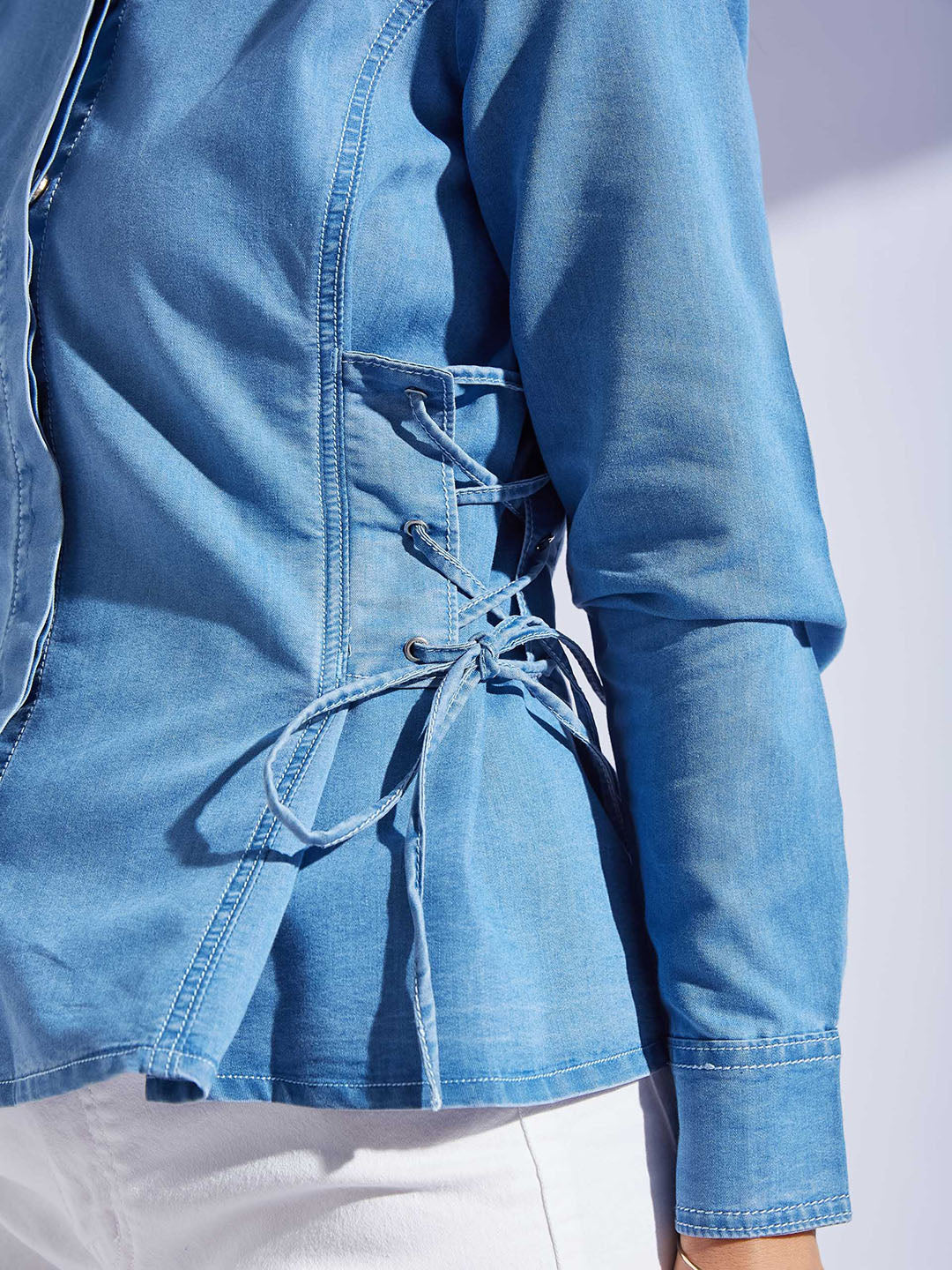 Women's Light Blue Shirt Collar Full Sleeve Adjustable Tie Up Regular-Length Denim Shirt