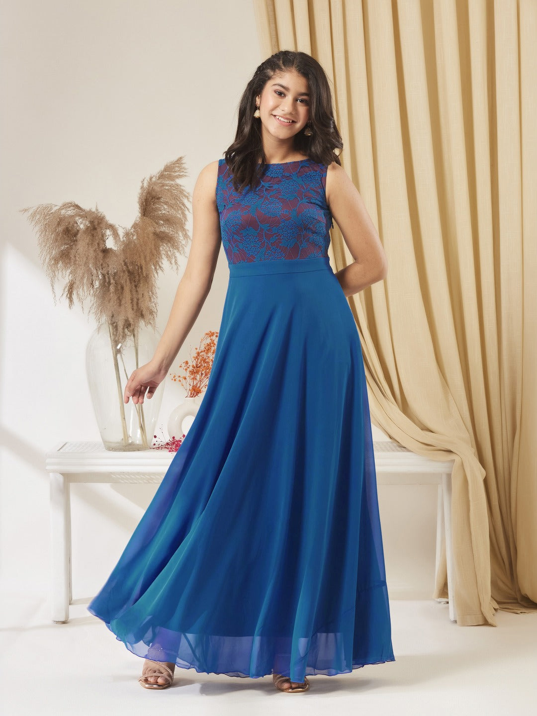 Royal Blue Round Neck Sleeveless Georgette Floral Lace Fit & Flare Maxi Dress for Girls/Teenagers