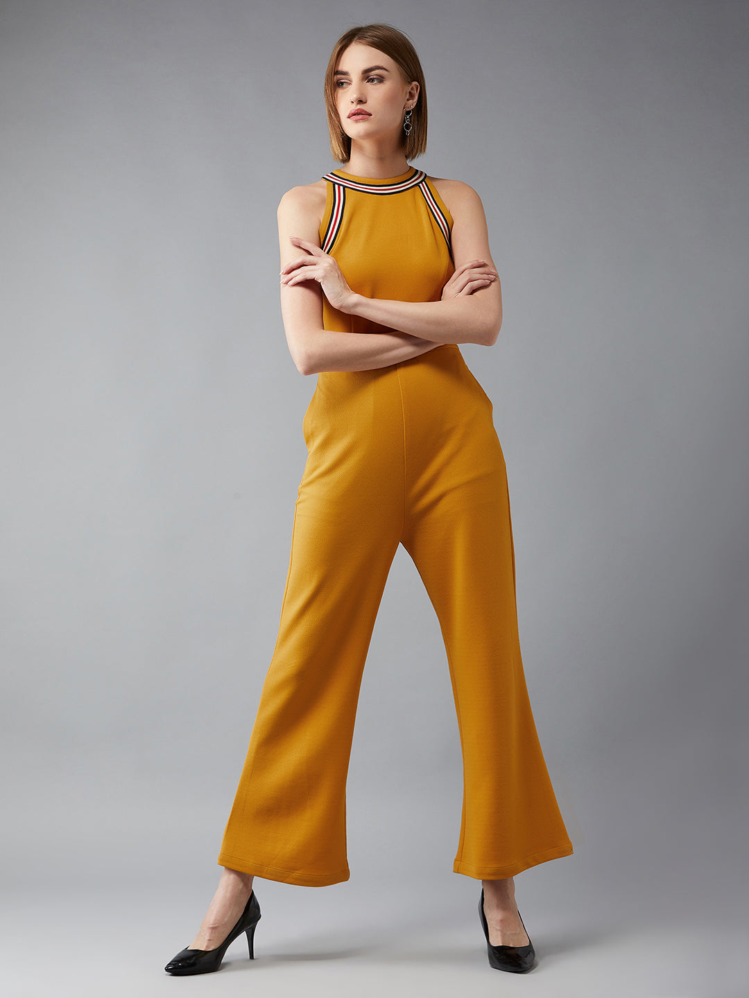 Women's Mustard Yellow Halter Neck Sleeveless Polyknitted Solid Straight Leg Regular Length Jumpsuit