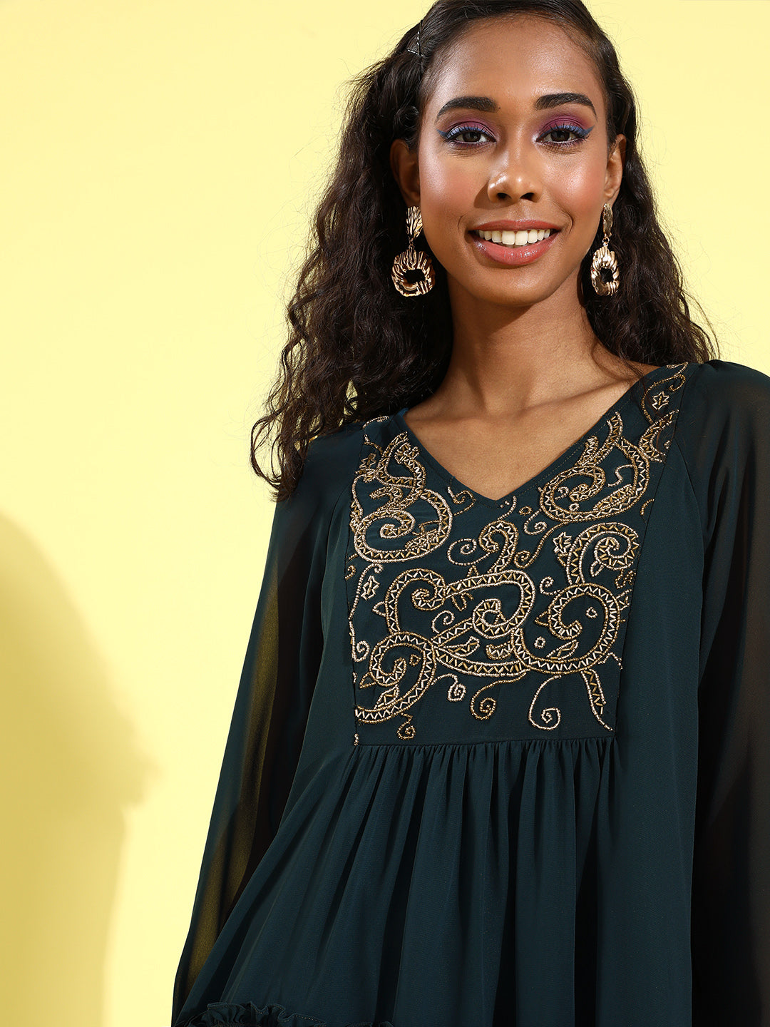 Women's Teal V-neck Full Sleeve Solid Embellished Knee Length Dress
