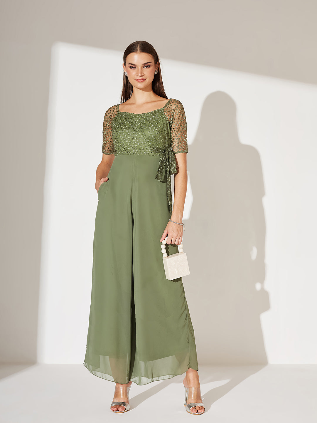 Women's Light Green Square Neck Raglan sleeve Solid Embroidered Regular Jumpsuit