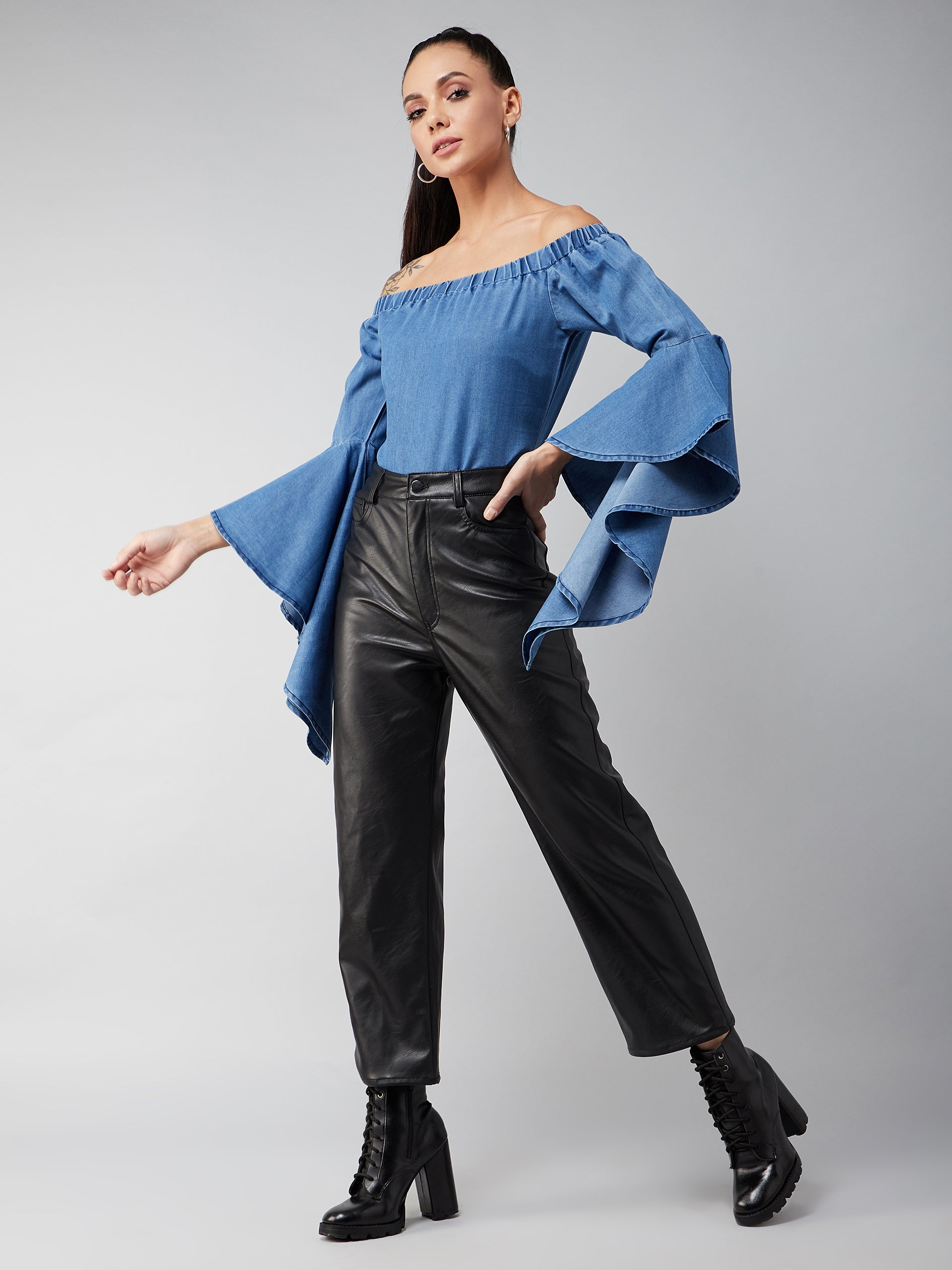 Women's Blue Off-Shoulder Ruffled Full Sleeves Solid Denim Top