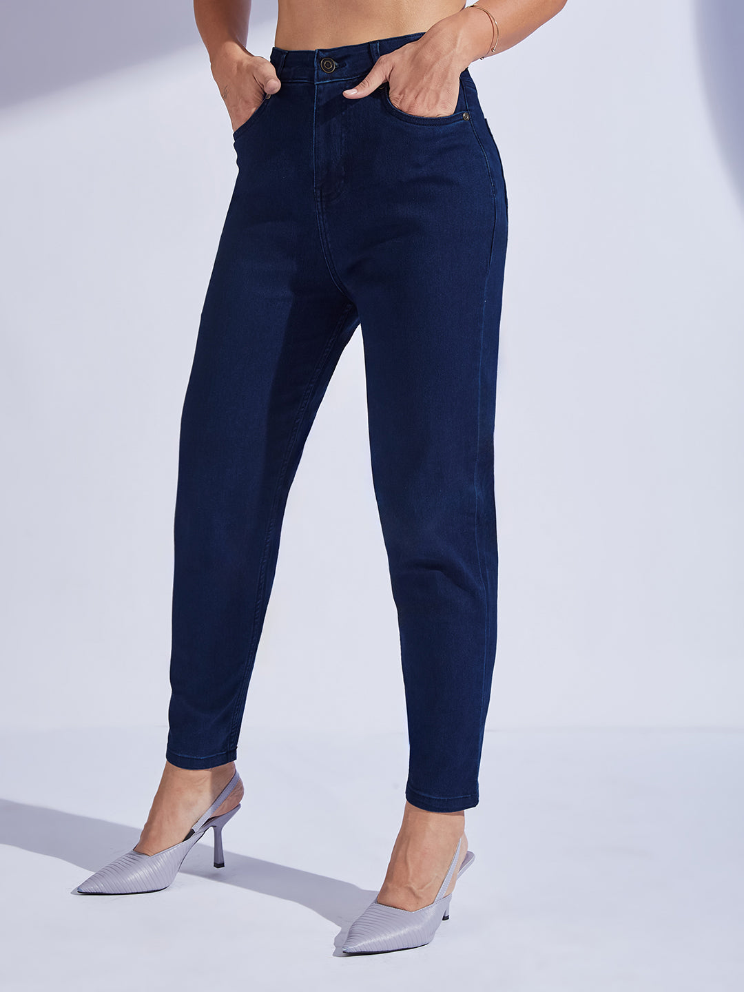 Women's Navy Blue High-Rise Regular-Length Stretchable Denim Mom'S Jeans