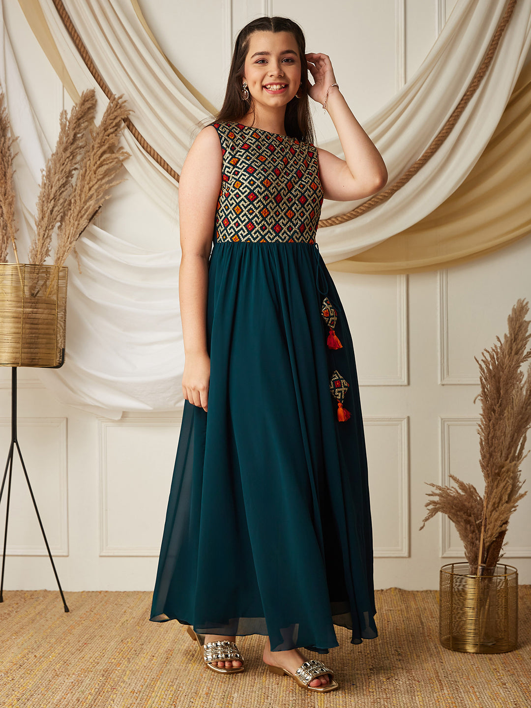 Multicolored-Base-Teal Round-Neck Sleeveless Embroidered Flared Polyester Maxi Dress