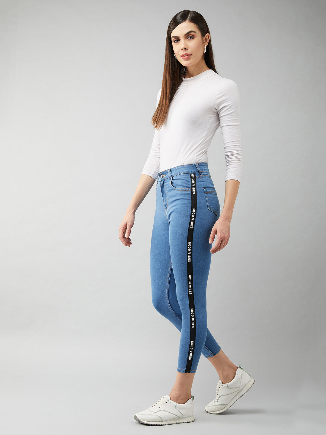 Women's Blue Skinny Fit High Rise Cropped Denim Stretchable Jeans