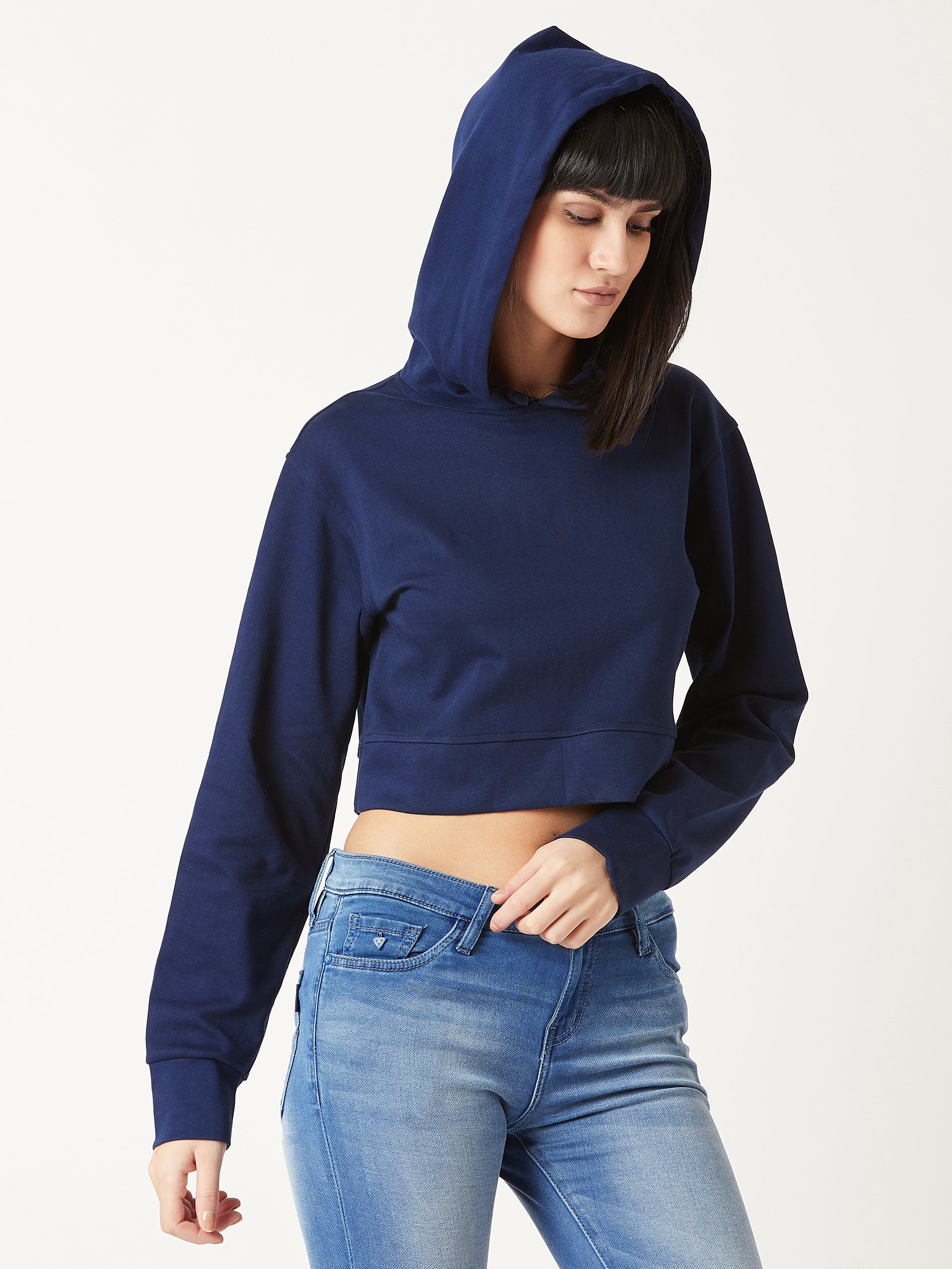 Women's Navy Blue Solid Round Neck Full Sleeve Hooded Boxy Crop Sweatshirt