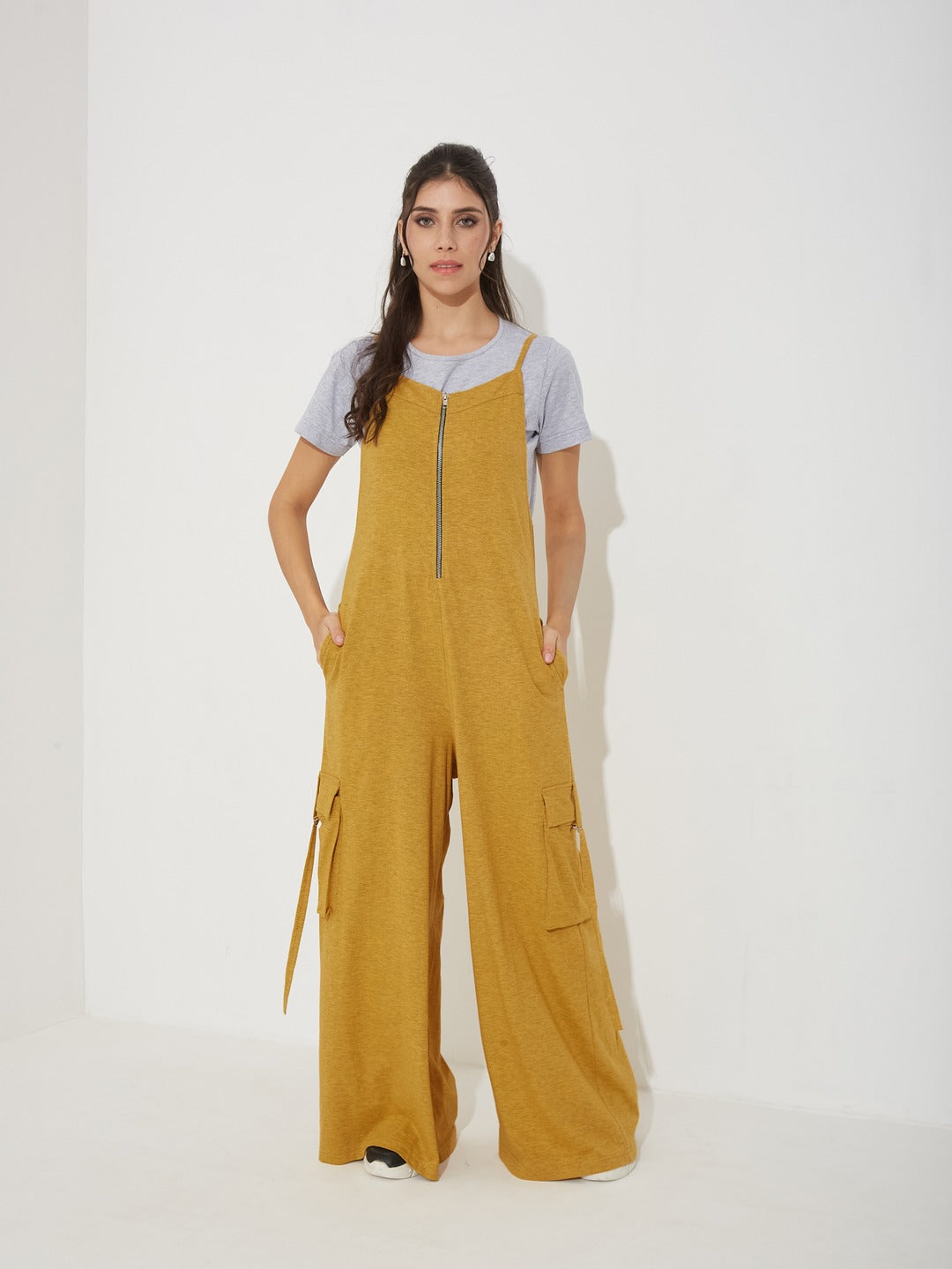 Gold and Grey Round Neck Half Sleeve Solid Regular Fit Cotton Dungaree Co-Ord Set for Women