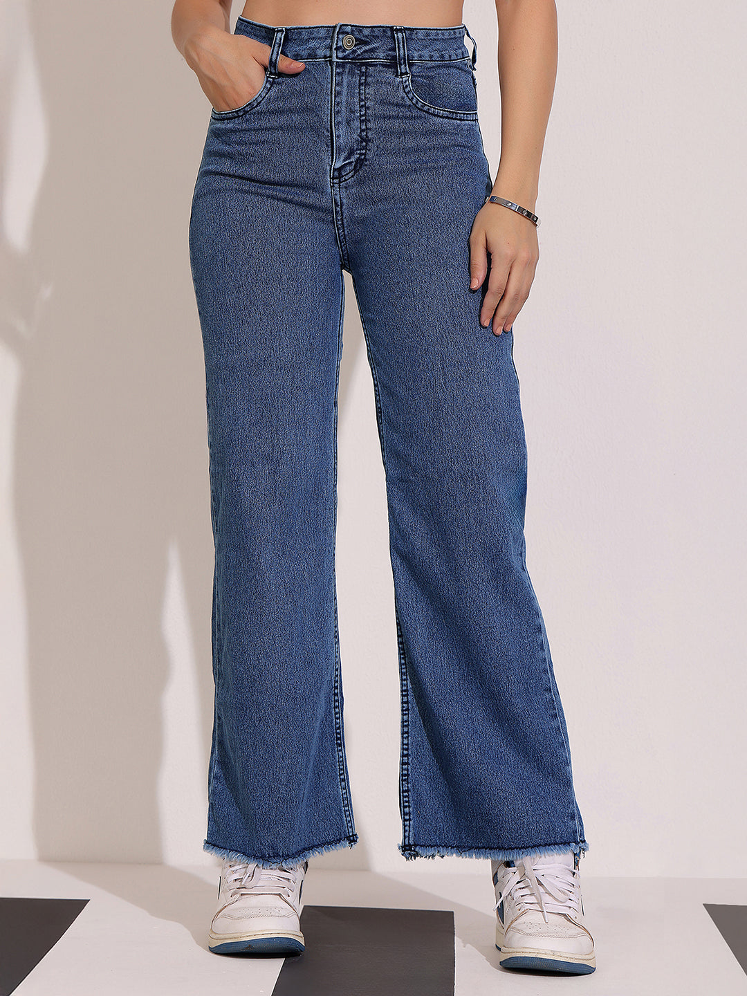 Women's Navy-Blue Wide-Leg High Rise Regular-Length Stretchable Denim Jeans