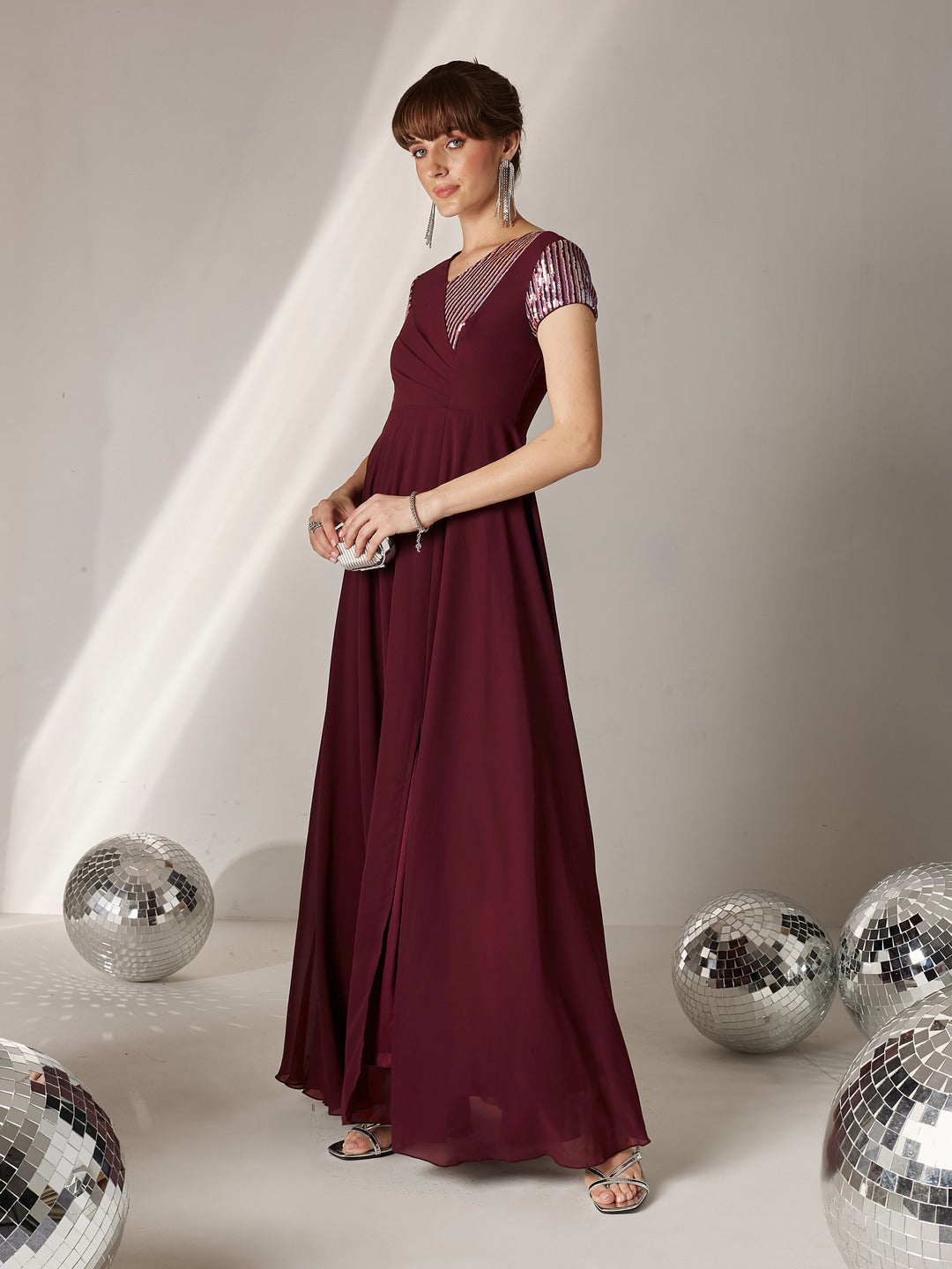 Wine V-Neck Short Sleeve Embellished Asymmetric Maxi  Dress for Women