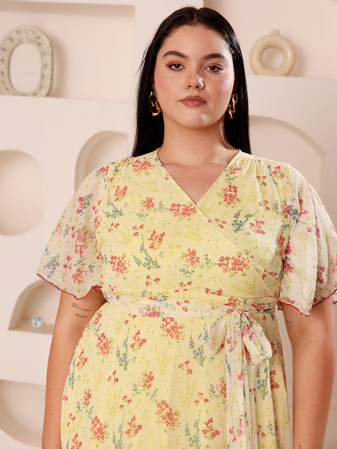 Body Bliss Multicolored-Base-Yellow V-Neck Flared Sleeve Floral Wrap Maxi Dress