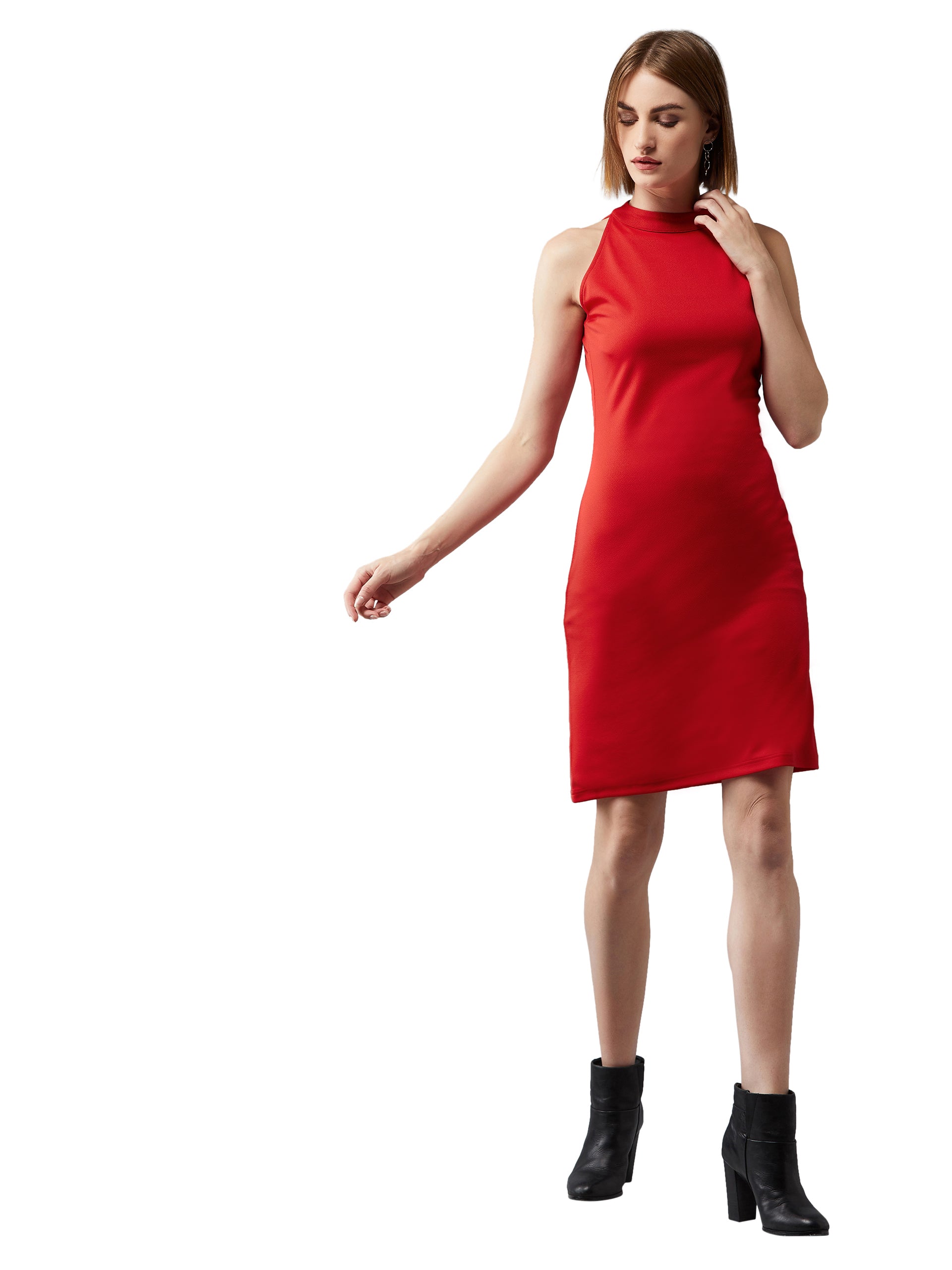 Women's Red Round Neck Sleeveless Solid Bodycon Knee-Length Dress