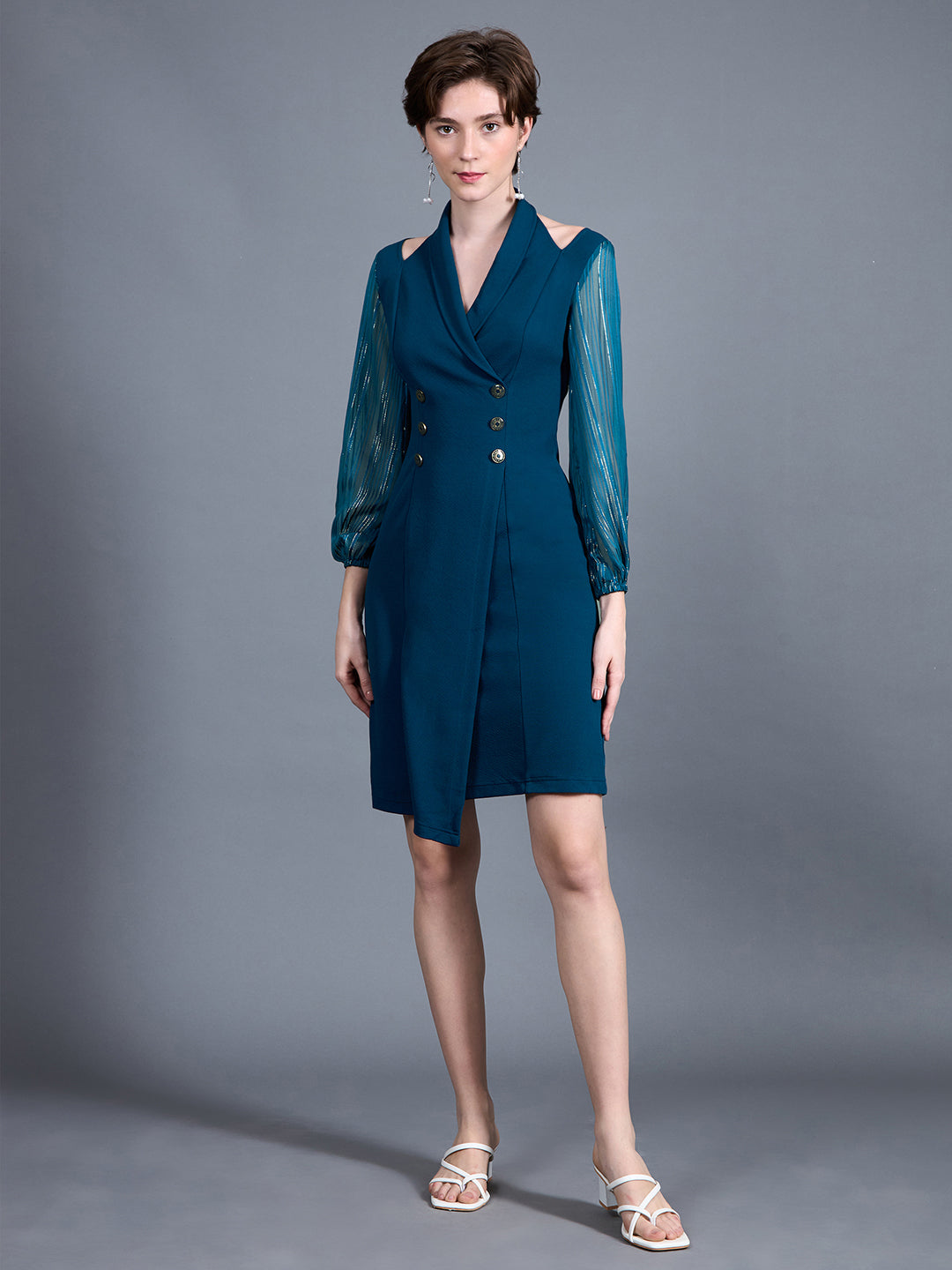 Women's Teal Shawl Collar Bishop Sleeves Solid Double Breasted Knee Length Dress