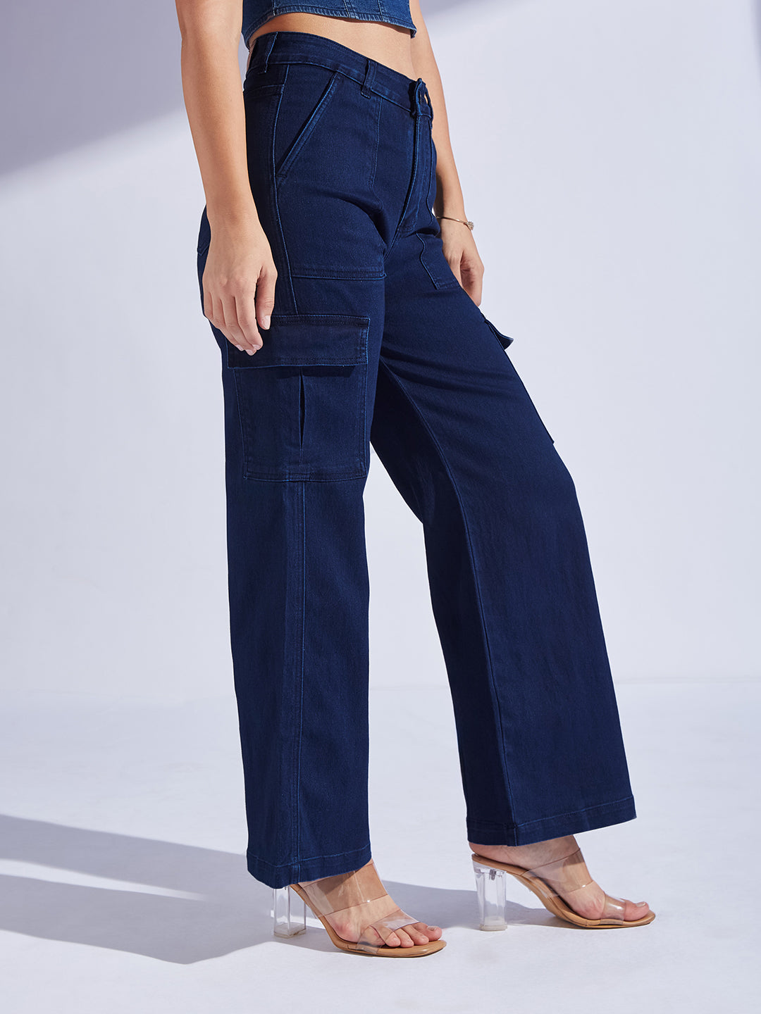 Women's Navy Blue Wide leg High-Rise Stretchable Denim Jeans