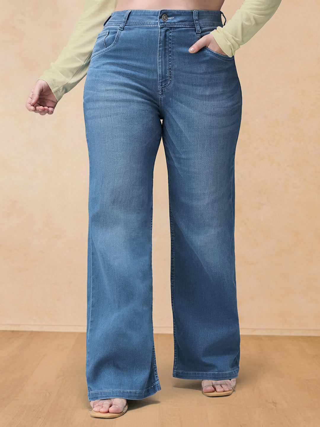 Light Blue Wide-Leg Mid Rise Blast Effect Denim Jeans for Women