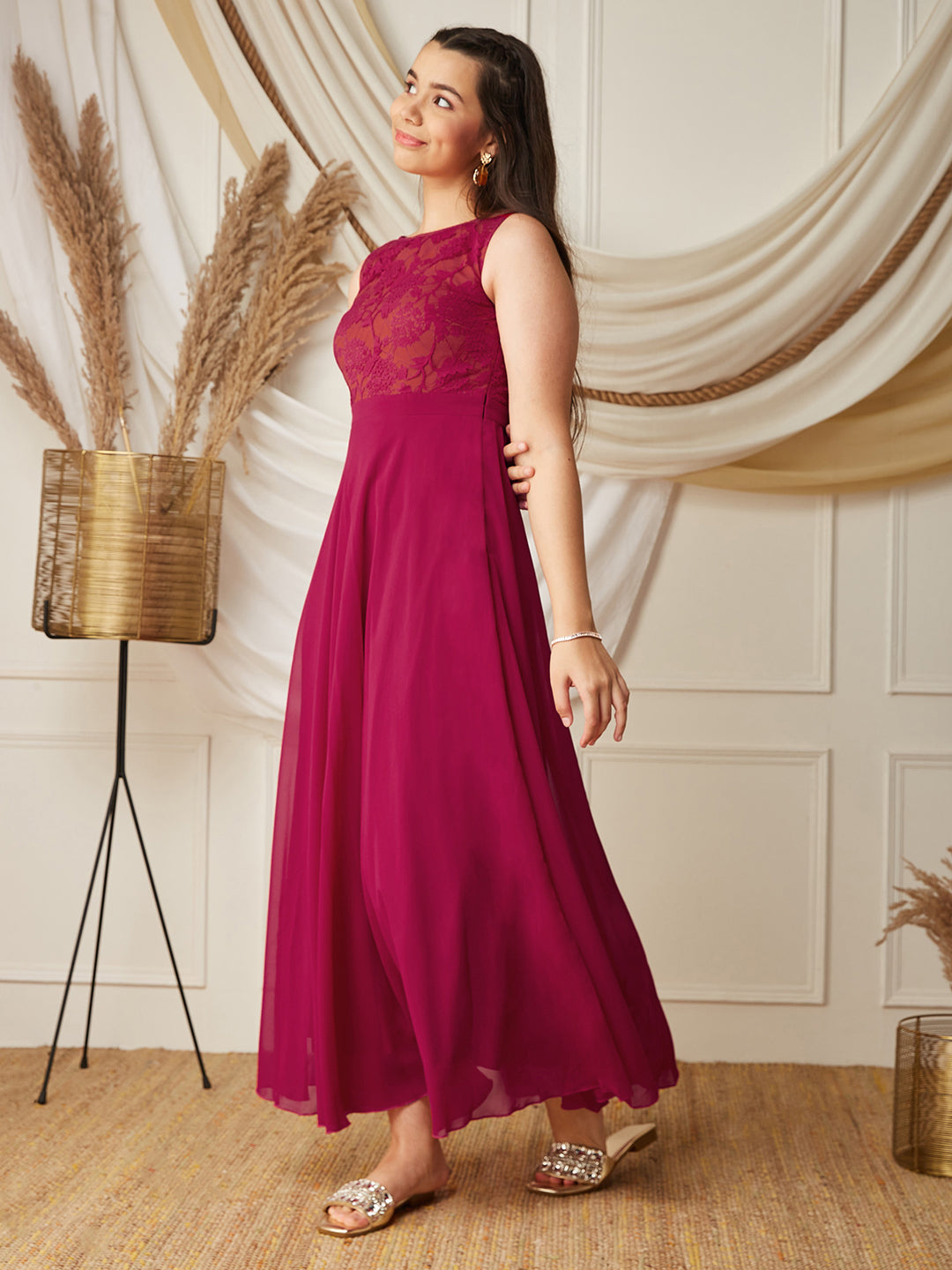 Dark Pink Boat-Neck Sleeveless Solid Lace Overlaid Polyester Maxi Dress