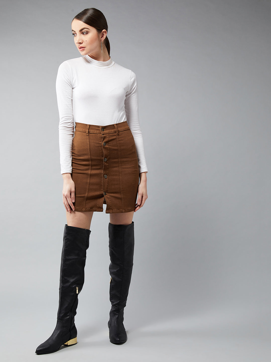 Women's Brown Stretchable Solid A-line Mini Denim Skirt