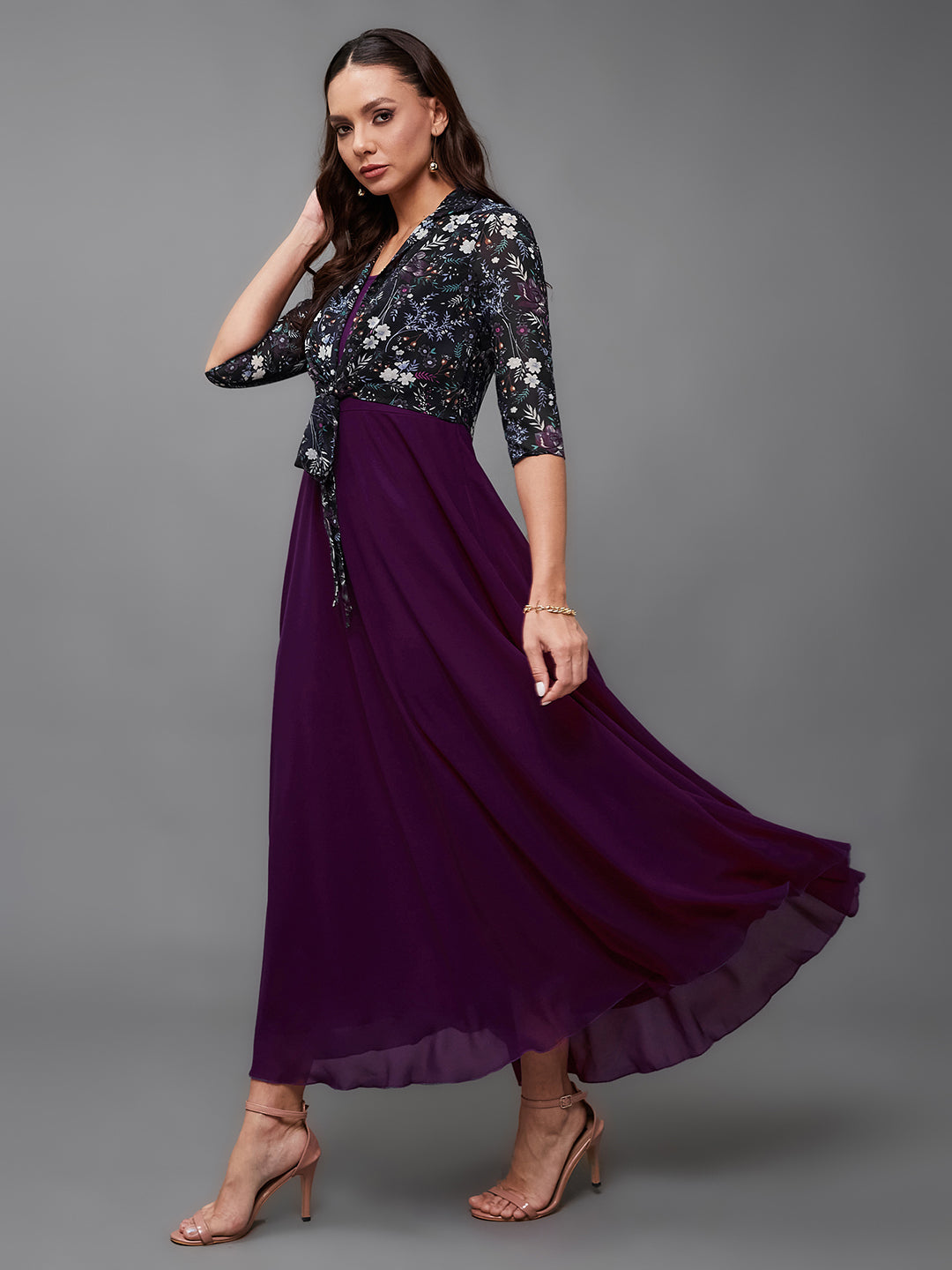 Multicolored-Base-Dark Purple Floral Notched Collar 3/4 Sleeve Georgette Jacket Style Maxi Dress for Women