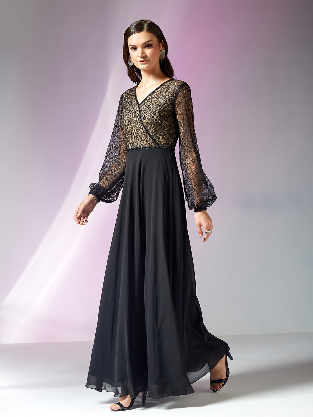 Black Lace Self-Design Georgette Fit & Flare Maxi Dress with Balloon Sleeves for Women