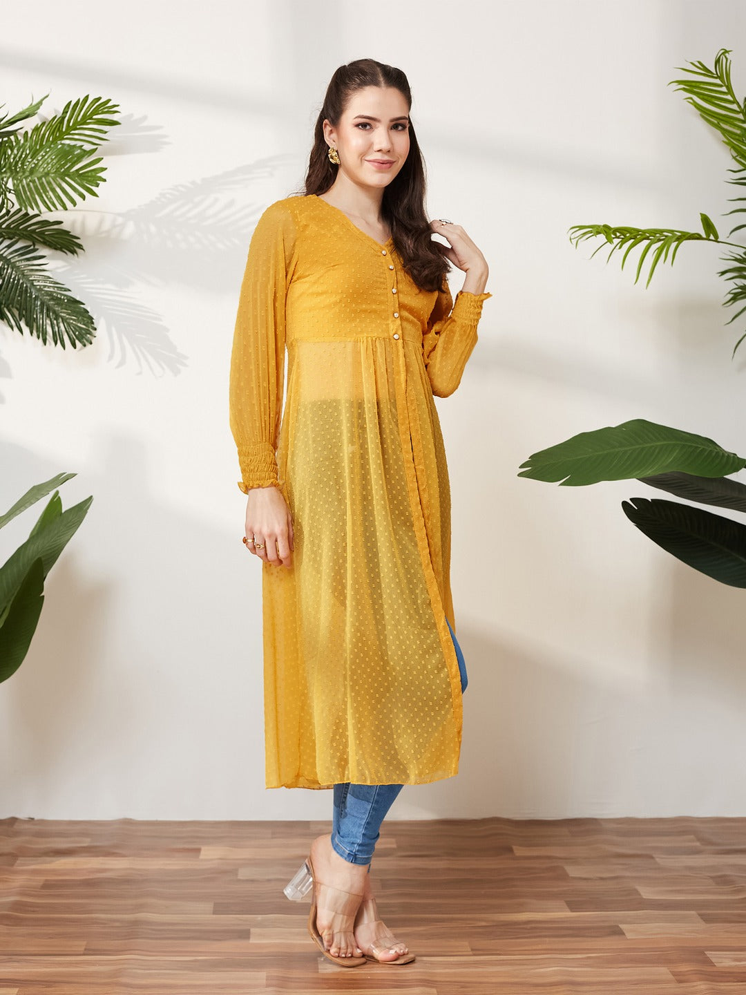 Mustard Yellow V-Neck 3/4 Sleeves solid empire Maxi Top for Women