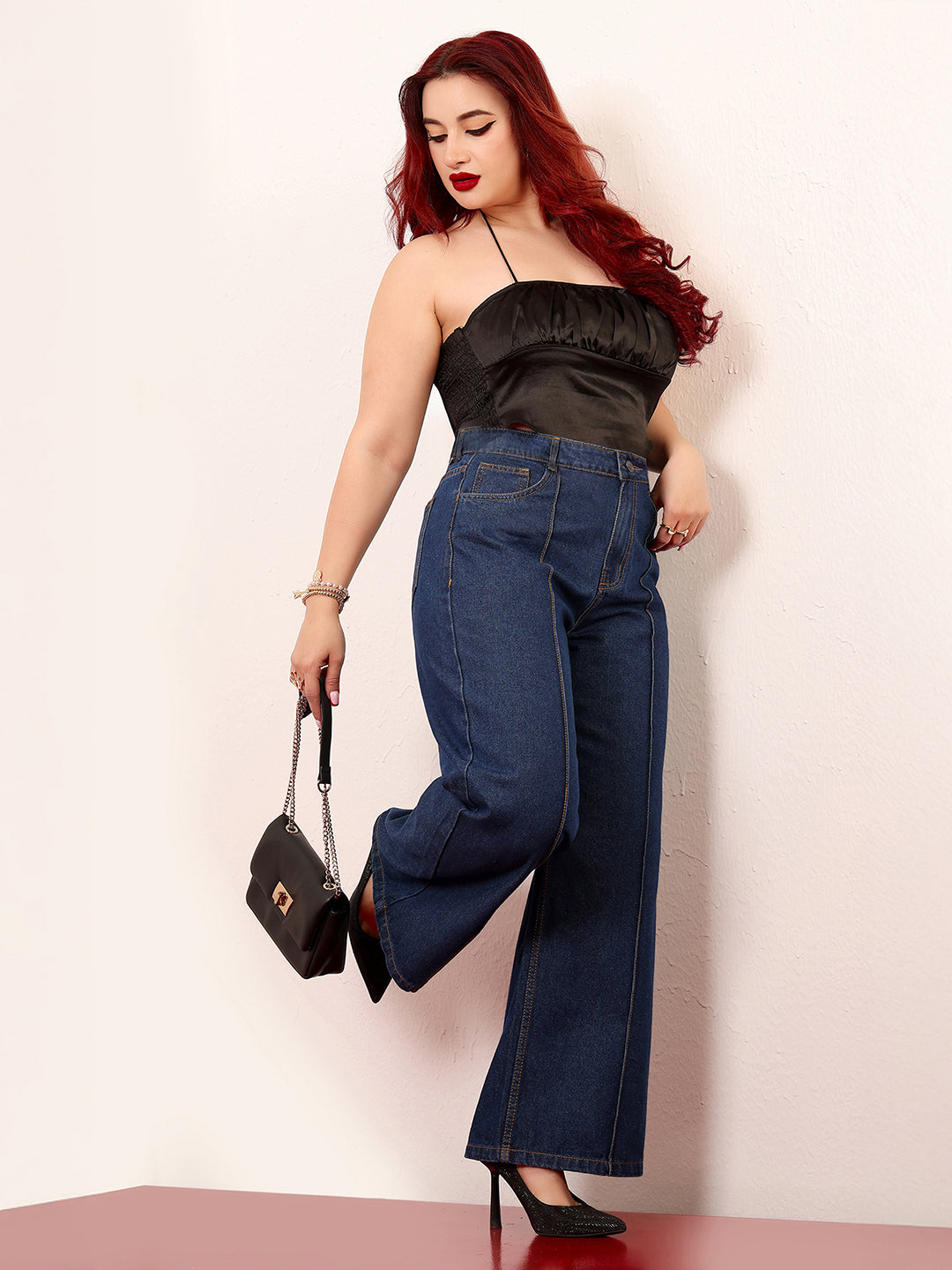 Women's Navy Blue Wide-Leg High-Rise Clean-Look Regular-Length Non-stretchable Denim Jeans