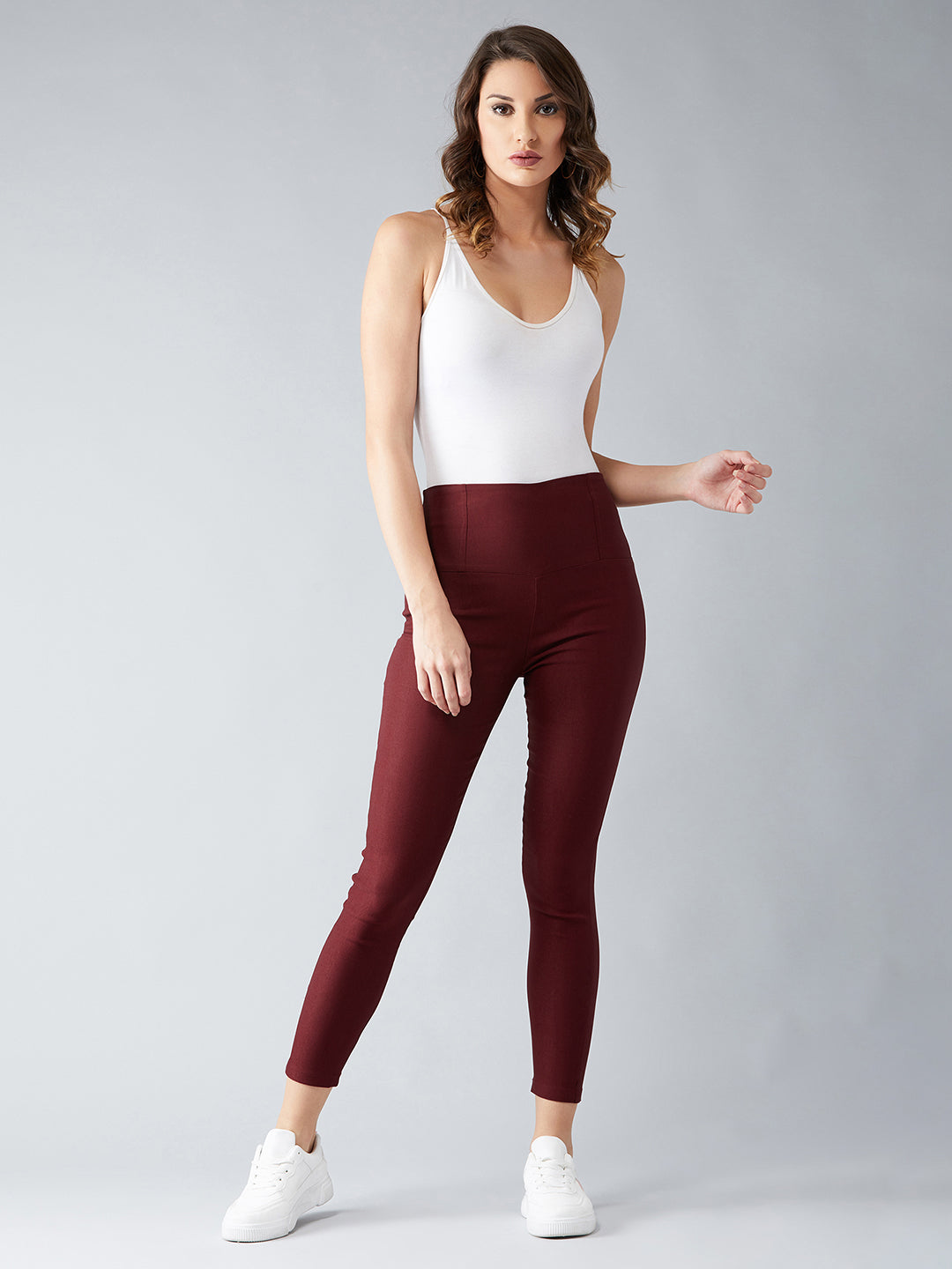 Women's Maroon Solid Skinny High Waist Regular Length Slim Fit Treggings