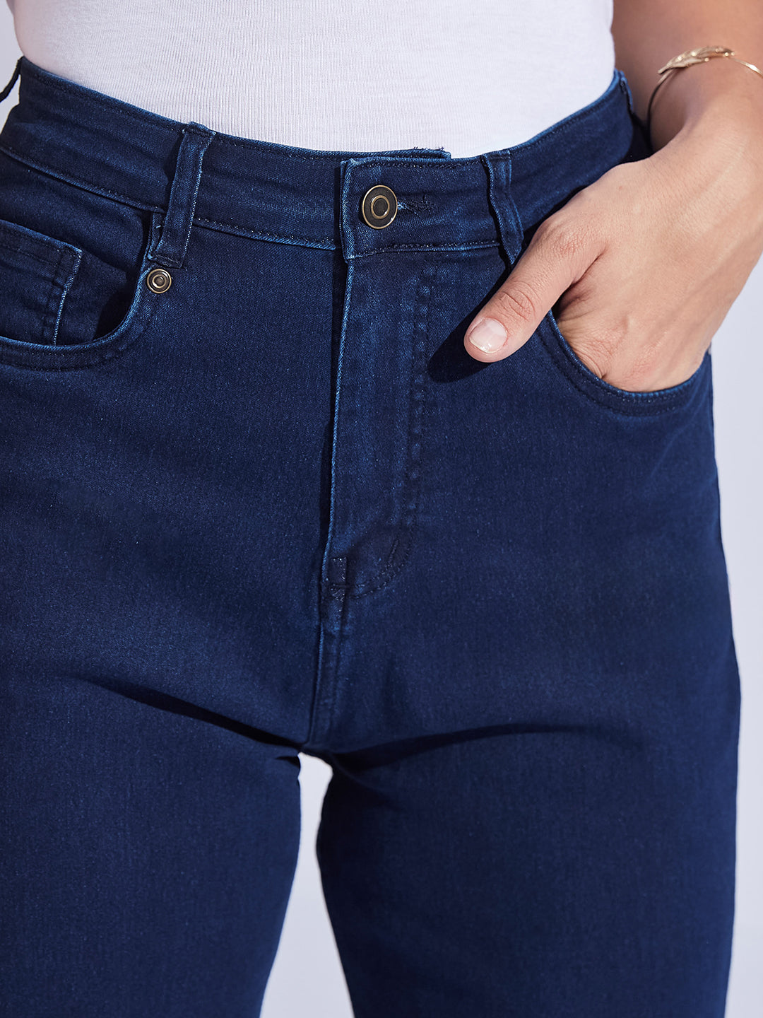 Navy Blue Bootcut High Rise Clean Look Regular-Length Stretchable Denim Jeans for Women