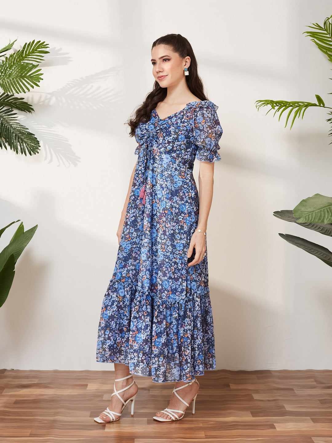 Navy Blue V-Neck Puff Sleeve Floral Ruching Ankle-Length Dress for Women