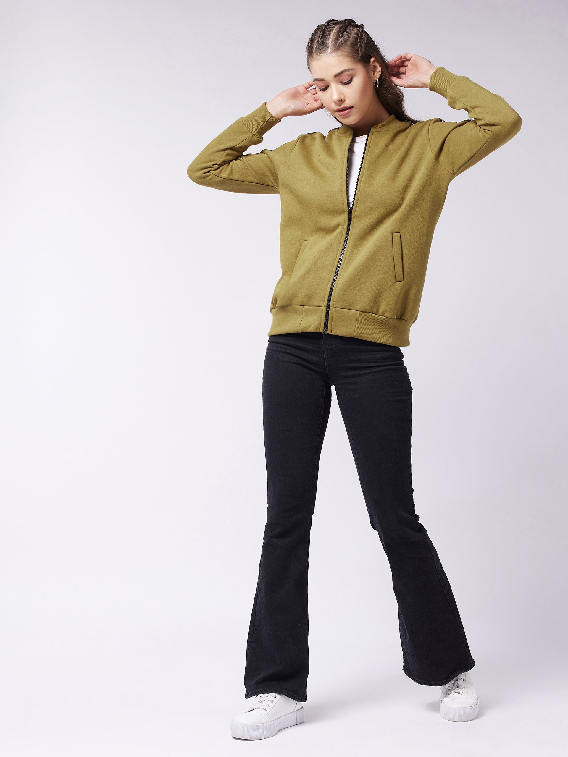 Women's Olive V-Neck Full Sleeve Solid Bomber Regular Jacket