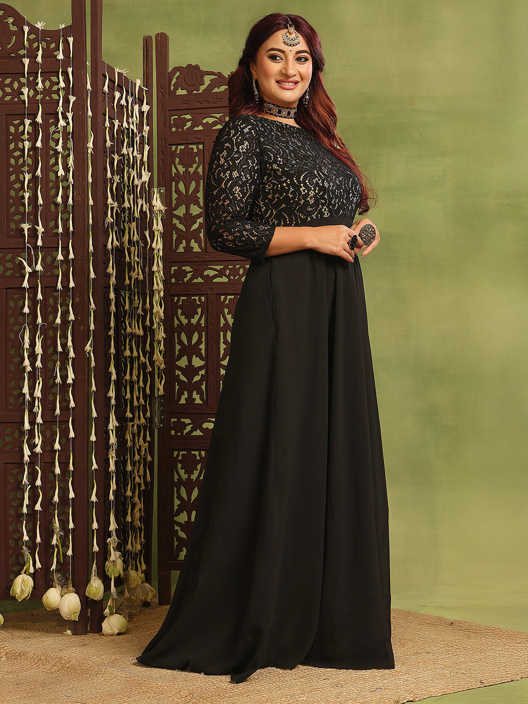 Women's Black Self-Design Boat Neck Three-Quarters Sleeves Side-Pocketed  Georgette Fit and Flare Maxi Length Dress