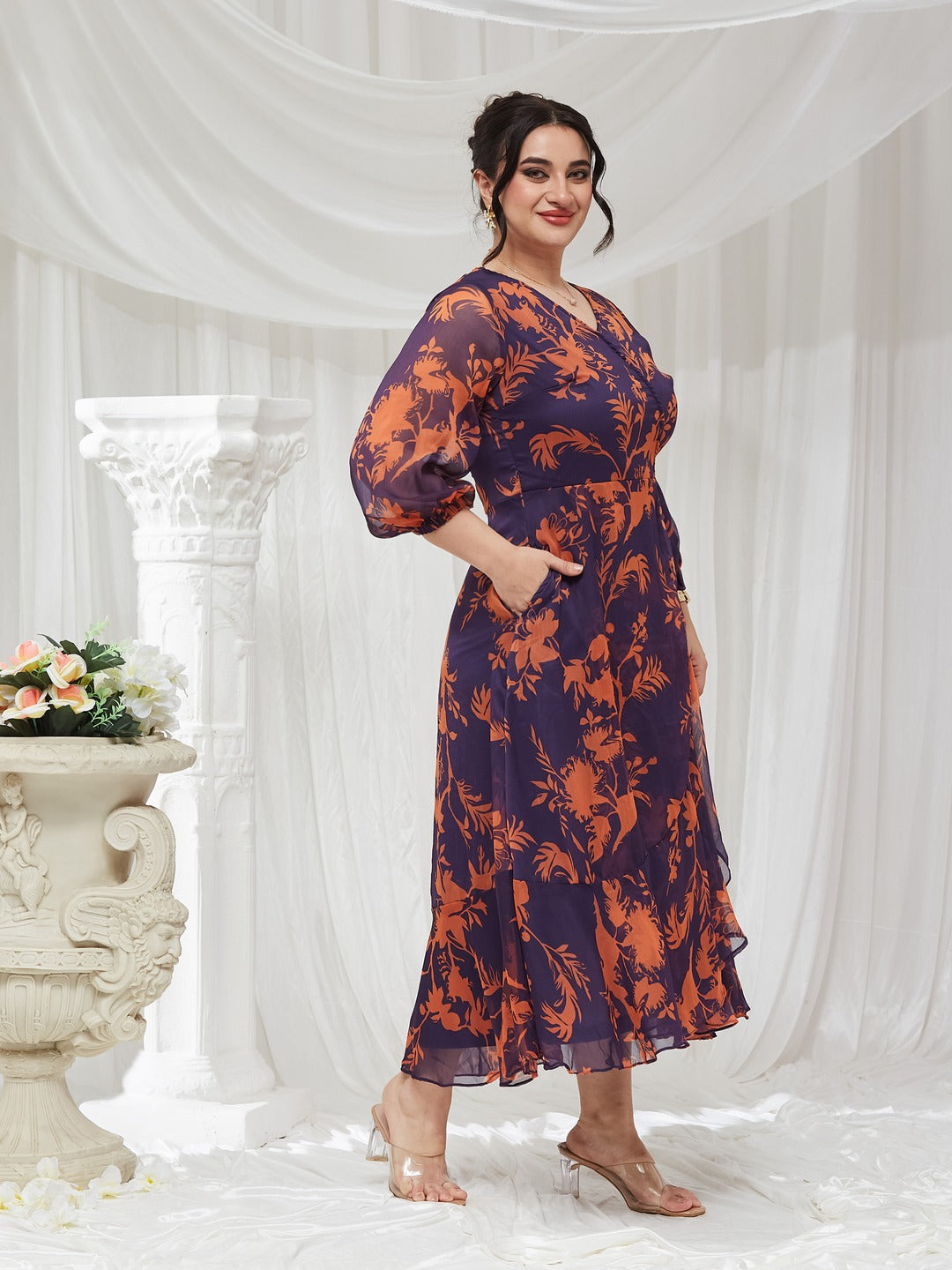 Purple V-Neck Three-Quarter Sleeve Floral Wrap Chiffon Midi Dress for Women