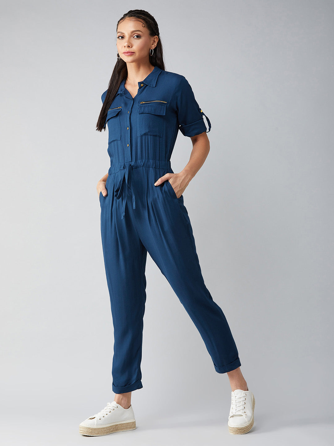 Women's Teal Blue Collared V-Neck 3/4 Sleeves Straight Leg Tie-Up Solid Belted Wrap Jumpsuit