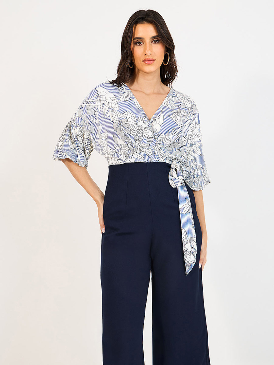 Women's Multicolored-Base-Navy Blue V-Neck 3/4 Sleeve Floral Wrap-Styled Viscose-Rayon Jumpsuit