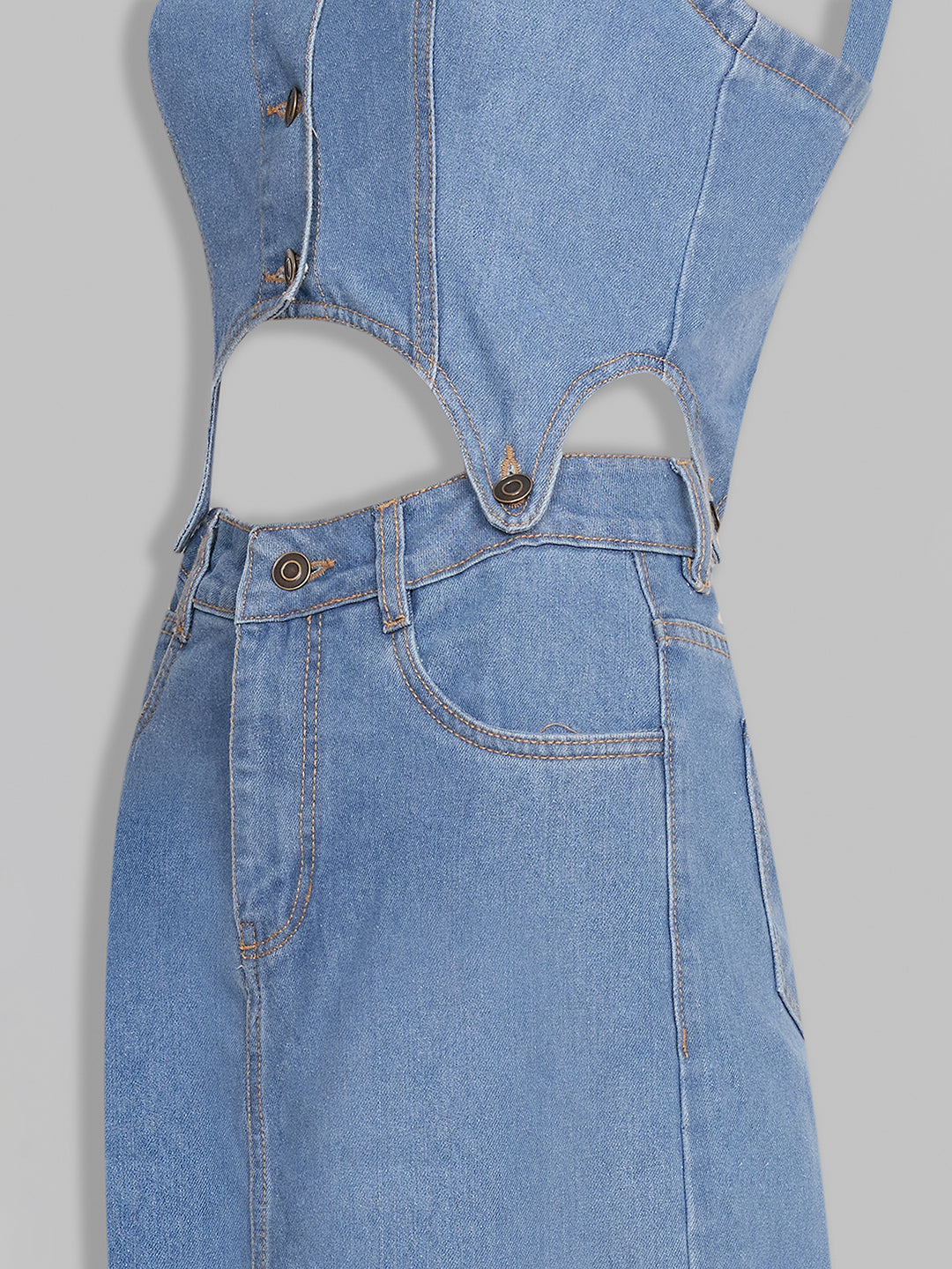 Women's Blue Square Neck Sleeveless Solid Pinafore Detachable Midi Denim Co-Ord Set