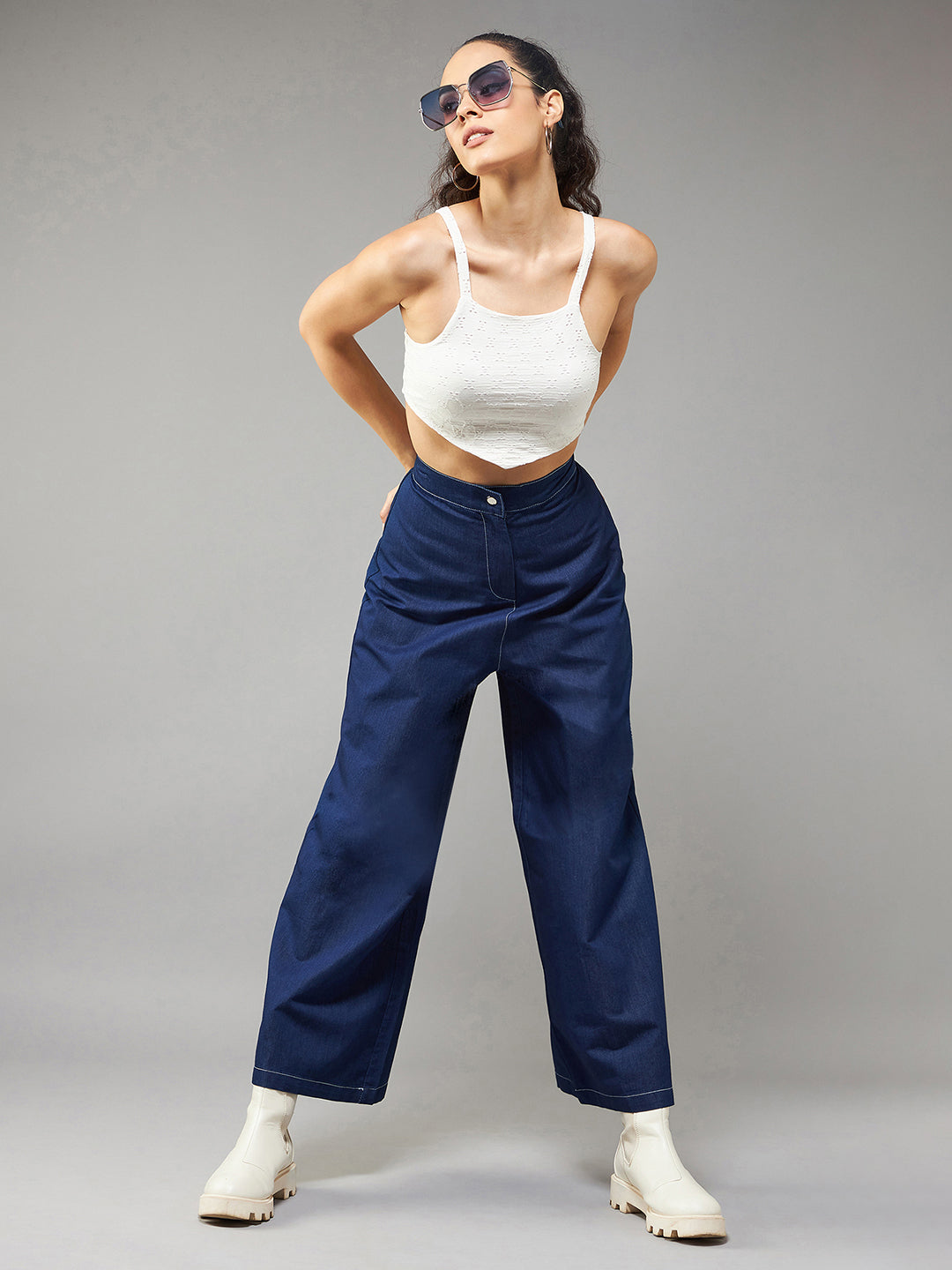 Women's Navy Blue Wide-Leg High Rise Light Weight Clean Look Regular Length Denim Pants