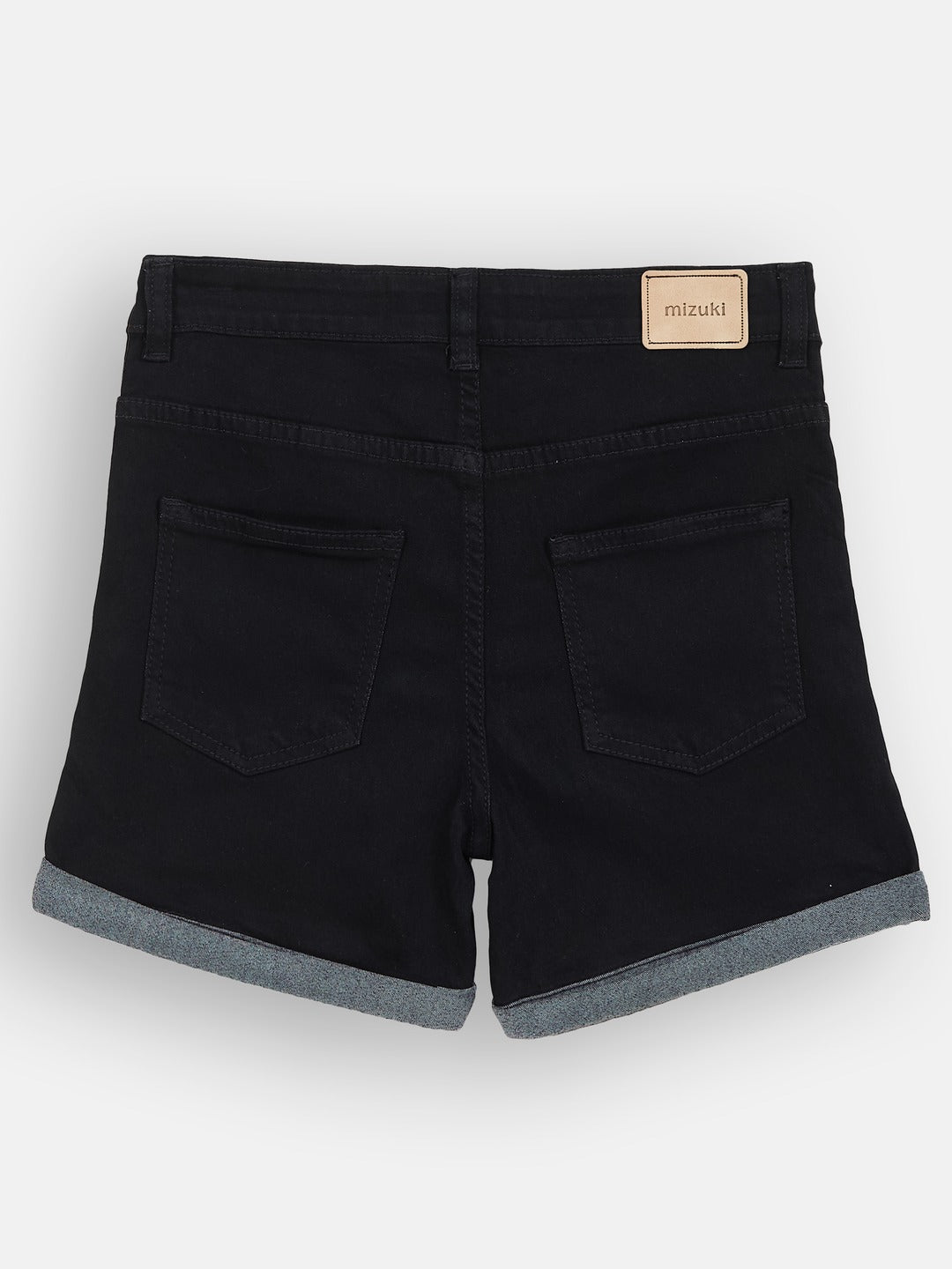 Black Relaxed-Fit Mid-Rise Clean-Look Stretchable Denim Shorts for Girls/Teenagers